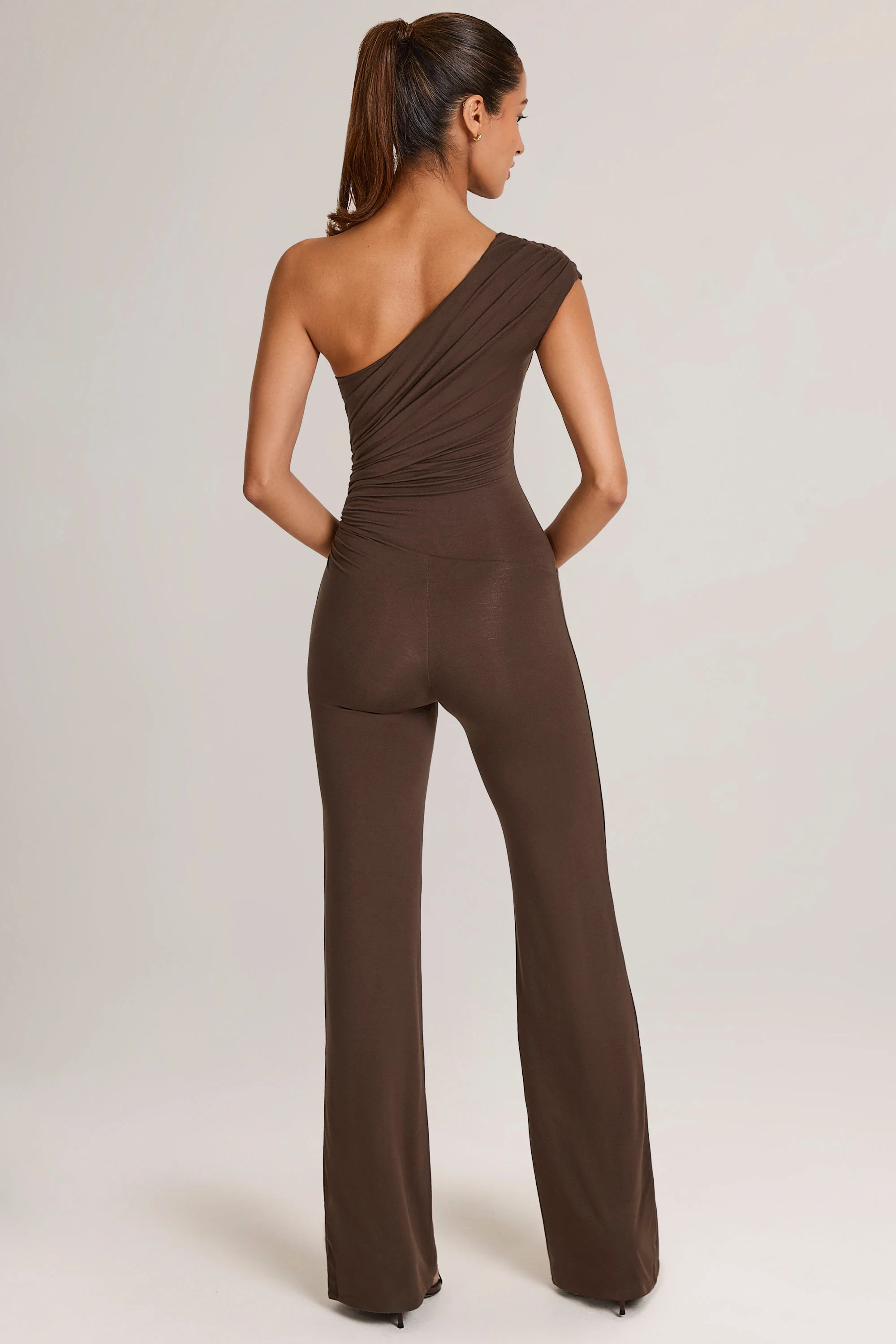 Modal One-Shoulder Jumpsuit in Chocolate Brown - Image 2