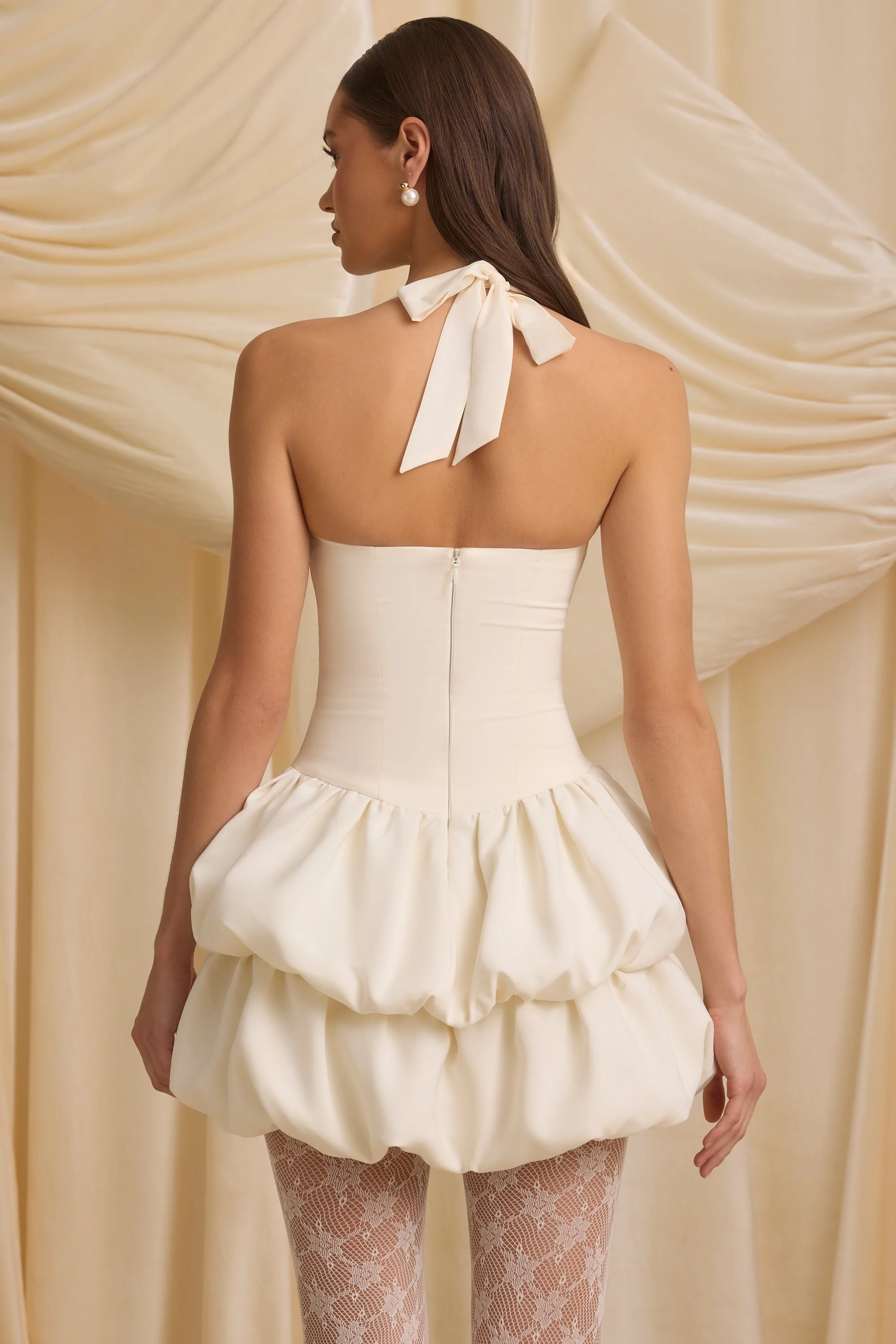 Halterneck Layered Bubble Hem Corset Mini Dress in Ivory - Image 8