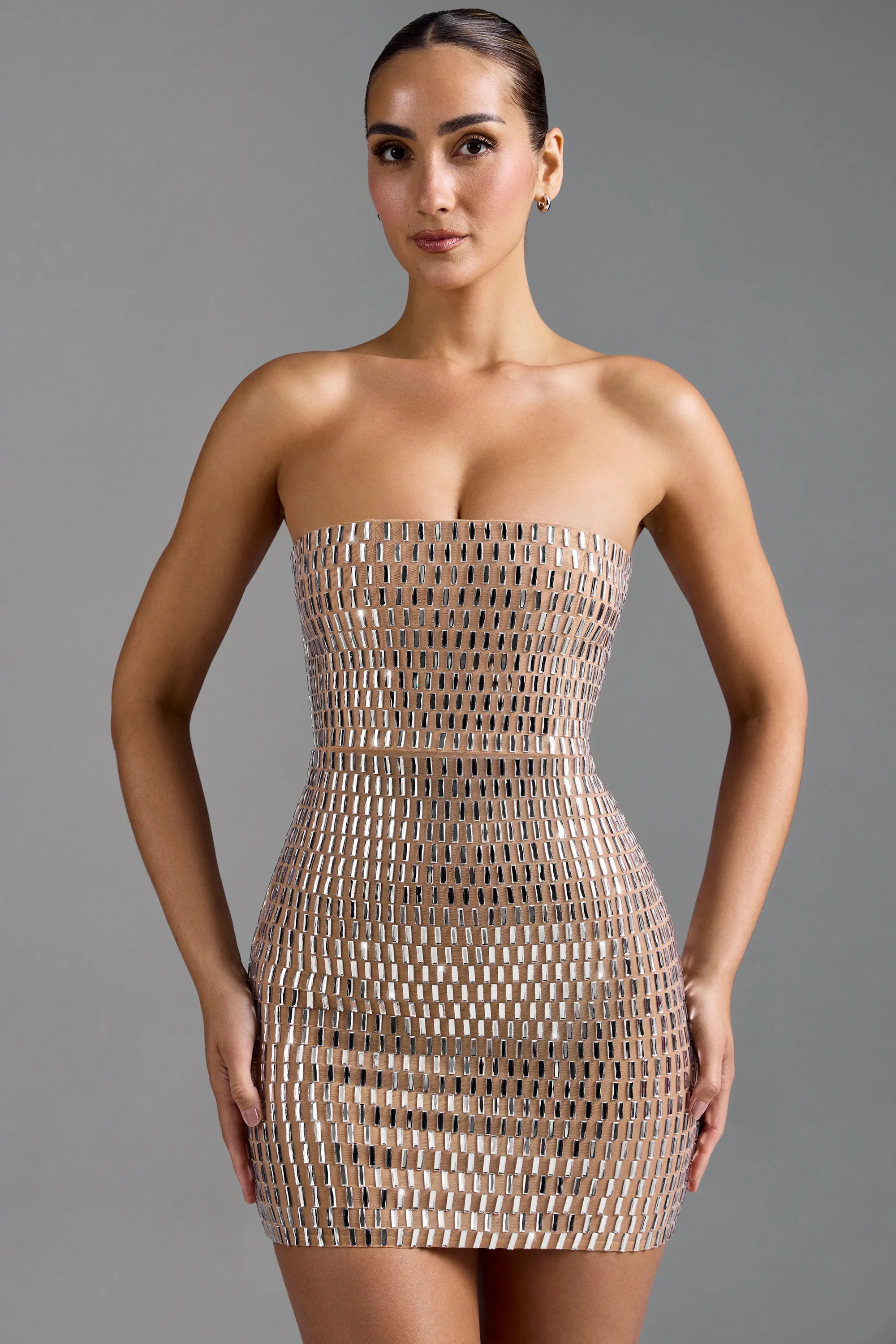 Embellished Bandeau Mini Dress in Almond - Image 18
