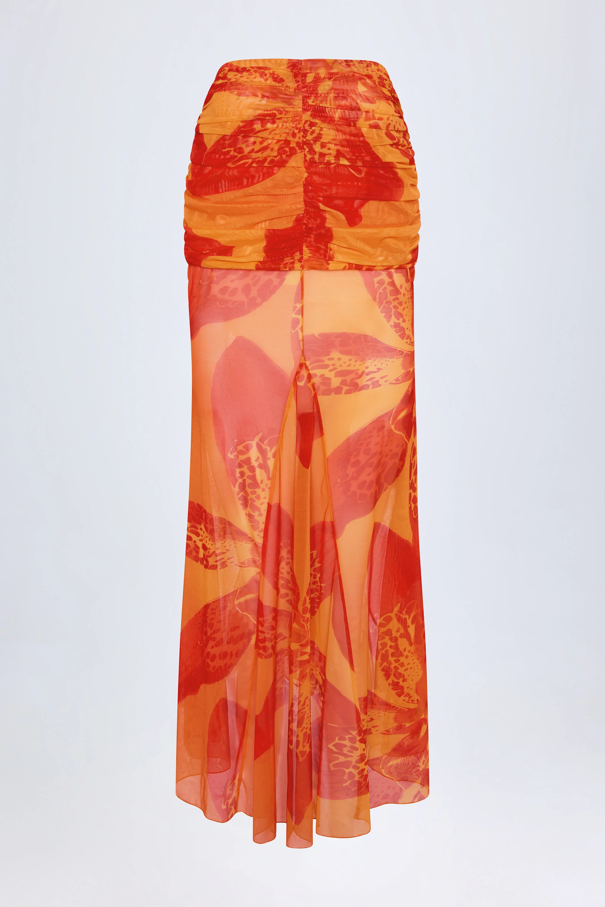 Ruched Hardware-Detail Fishtail Maxi Skirt in Orange Orchid Print - Image 10