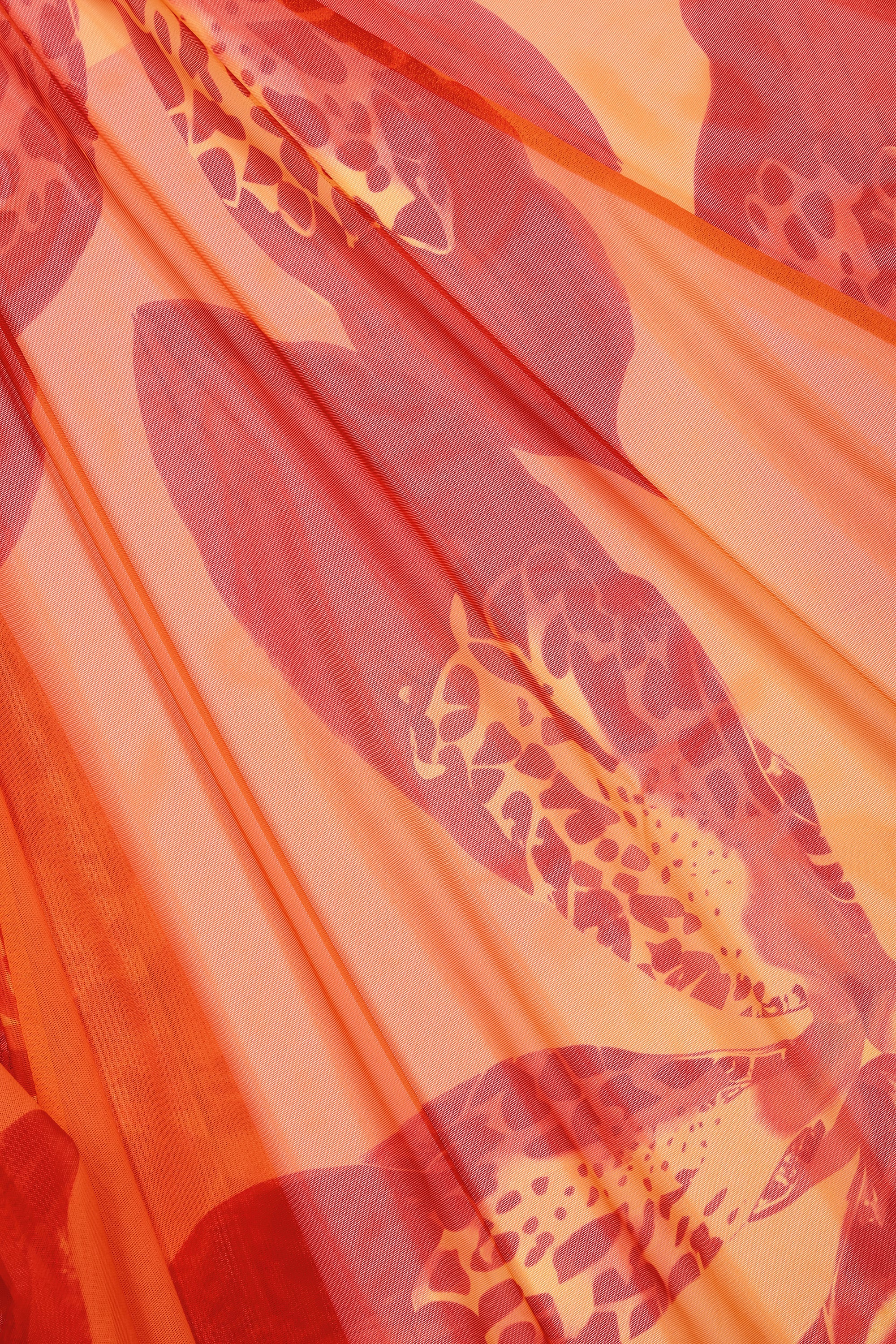 Ruched Hardware-Detail Fishtail Maxi Skirt in Orange Orchid Print - Image 12