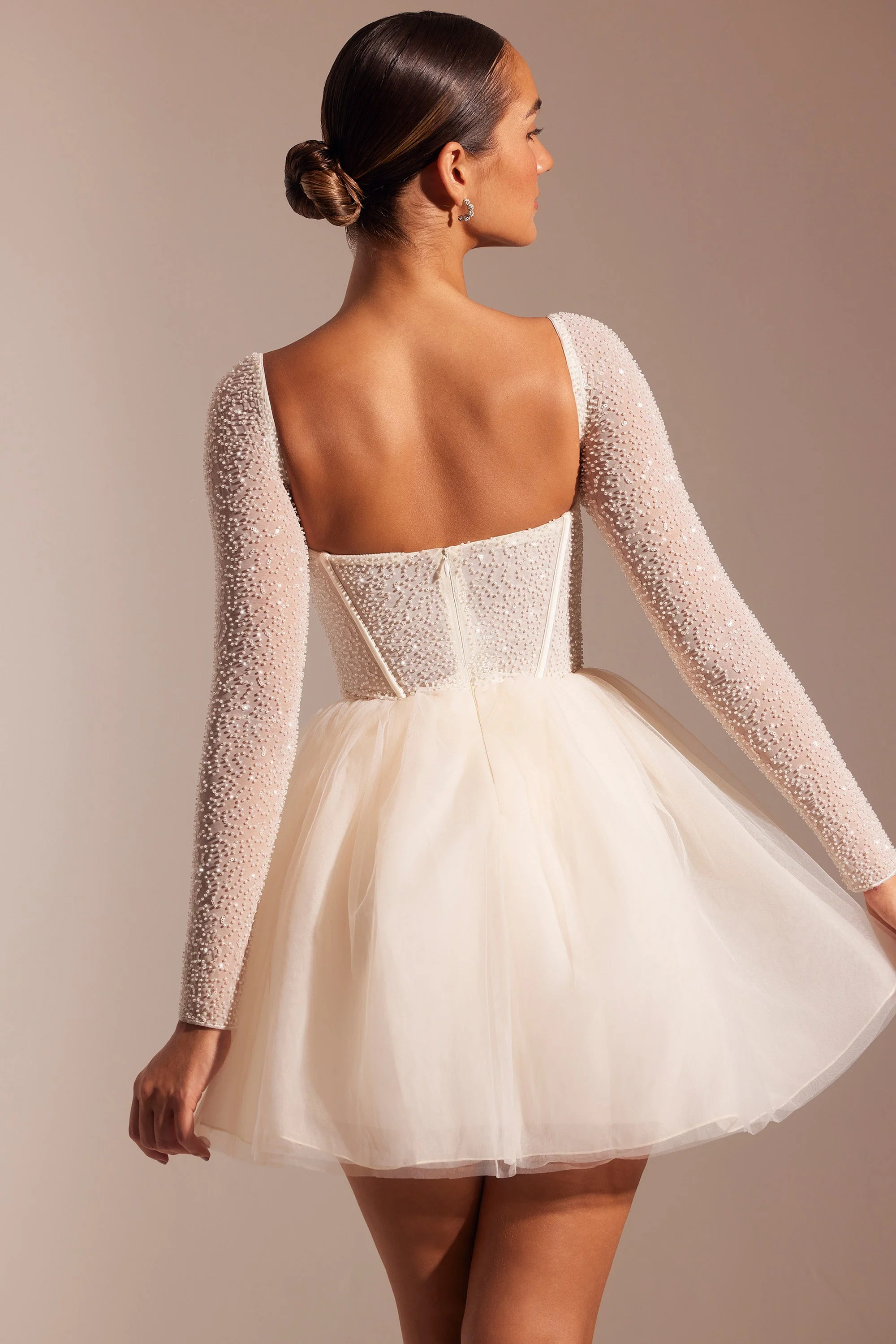 Embellished Long Sleeve Tulle Skirt Mini Dress in Ivory - Image 2