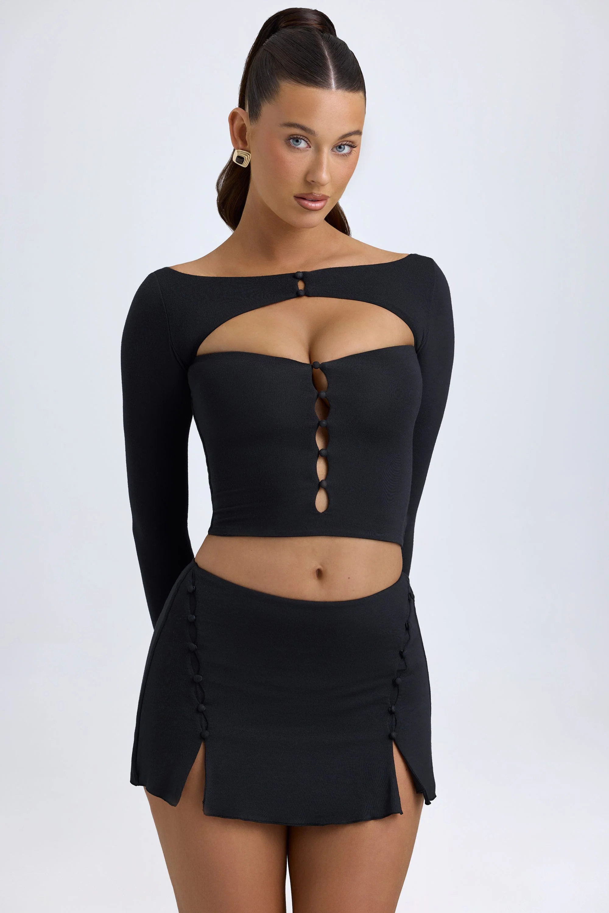 Modal Cut-Out Button-Detail Top in Black - Image 6