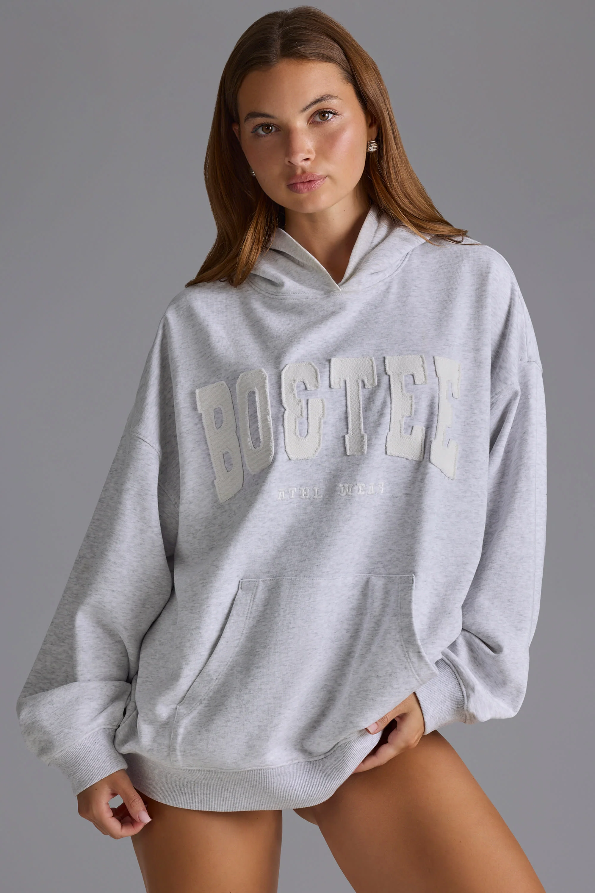 Cotton Fleece Appliqué Oversized Hoodie in Grey Marl - Image 6