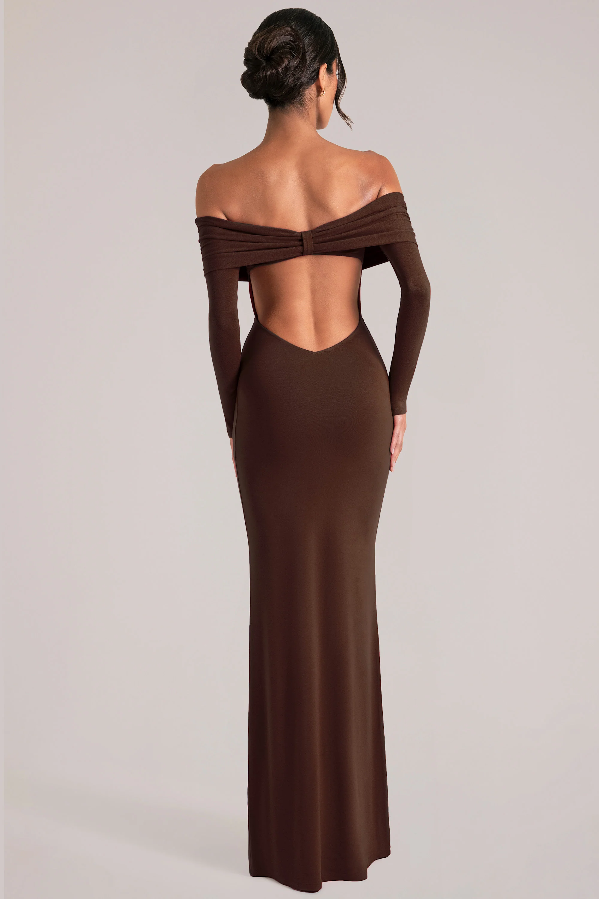 Off-Shoulder Long-Sleeve Maxi Dress in Chocolate Brown - Image 2