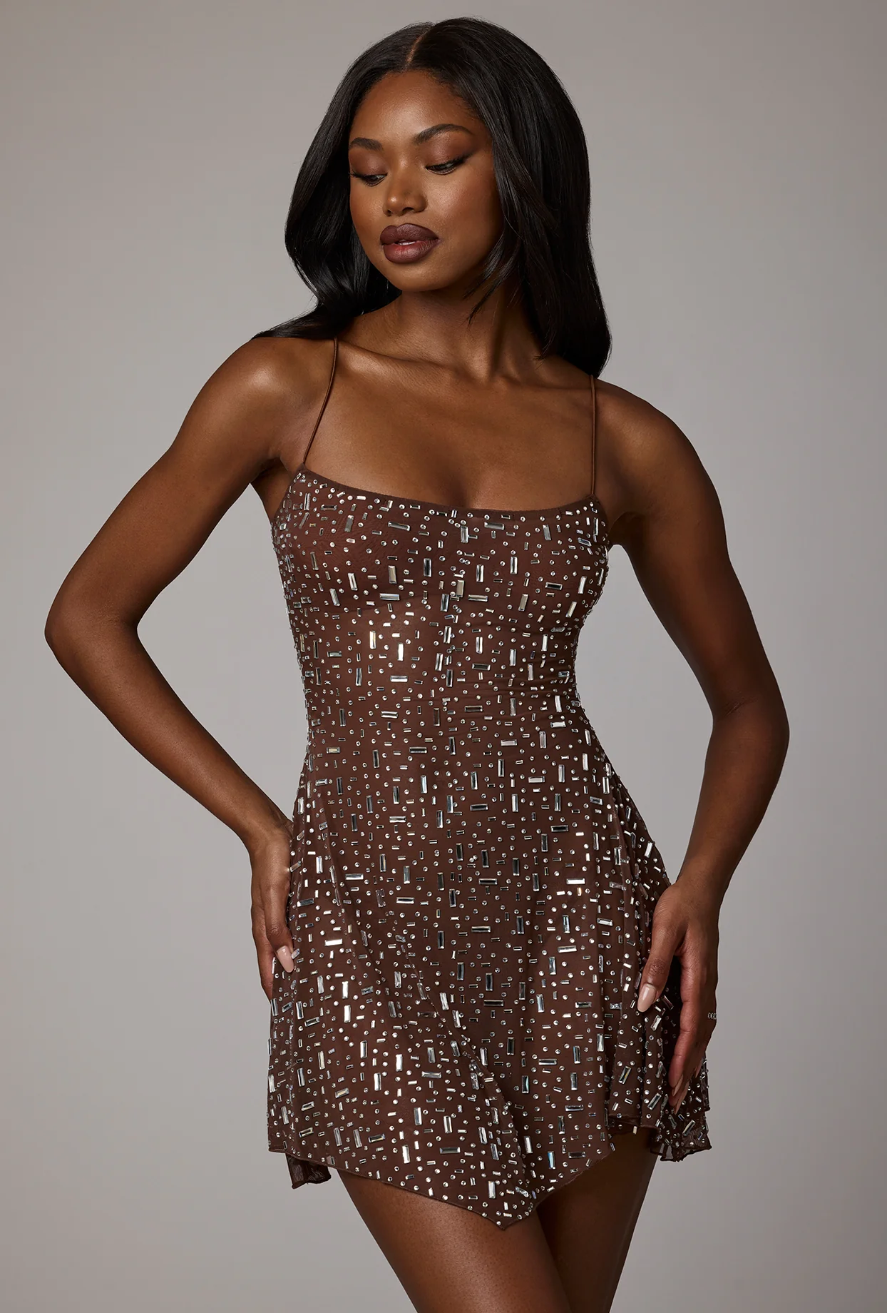 Sheer Embellished Scoop Neck Mini Dress in Deep Cocoa - Image 12