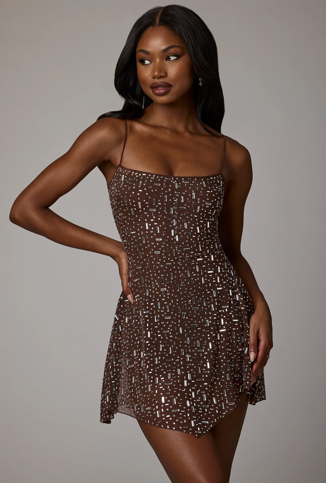 Sheer Embellished Scoop Neck Mini Dress in Deep Cocoa - Image 7