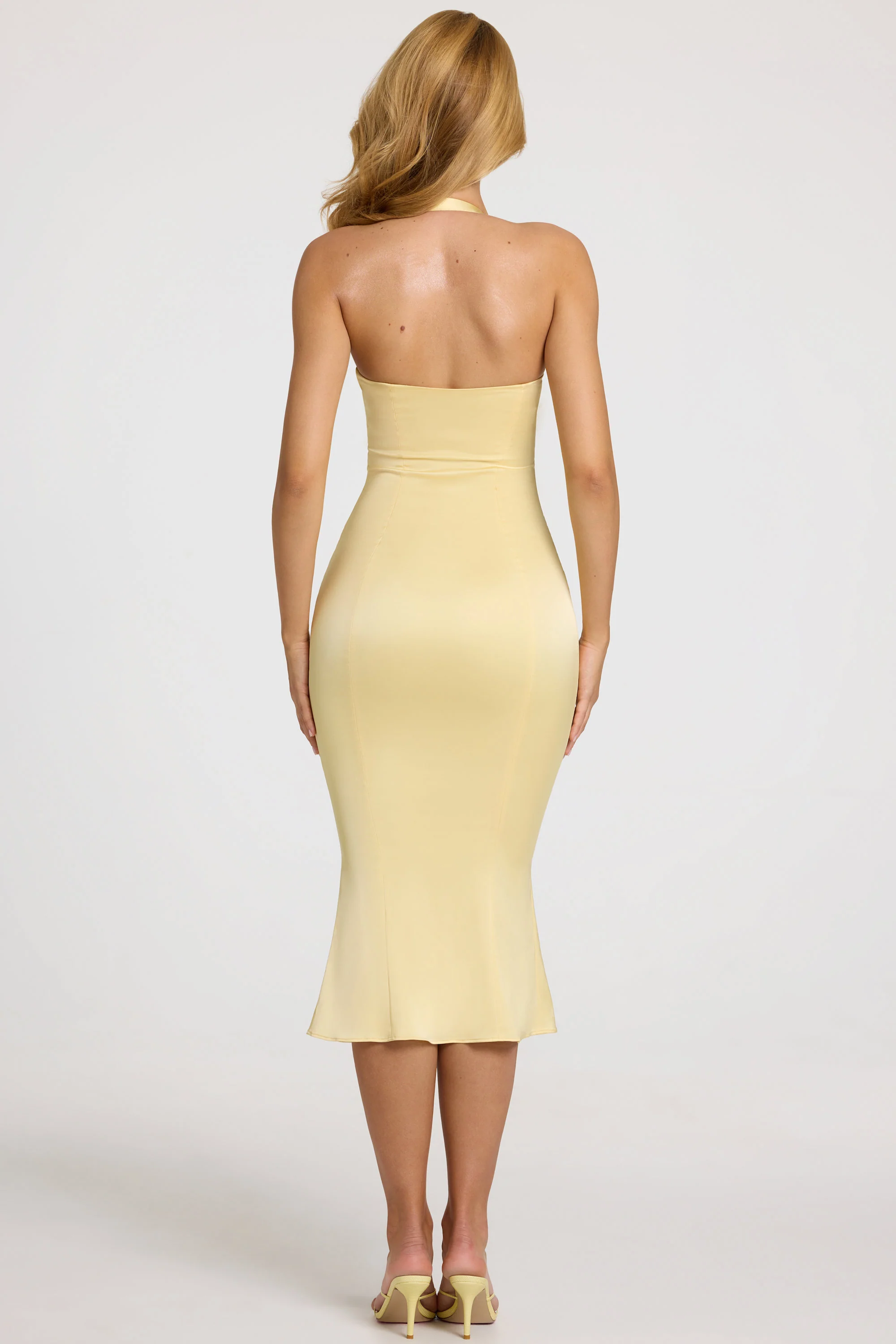Satin Sweetheart Bustier Fishtail Midaxi Dress in Butter Yellow - Image 3
