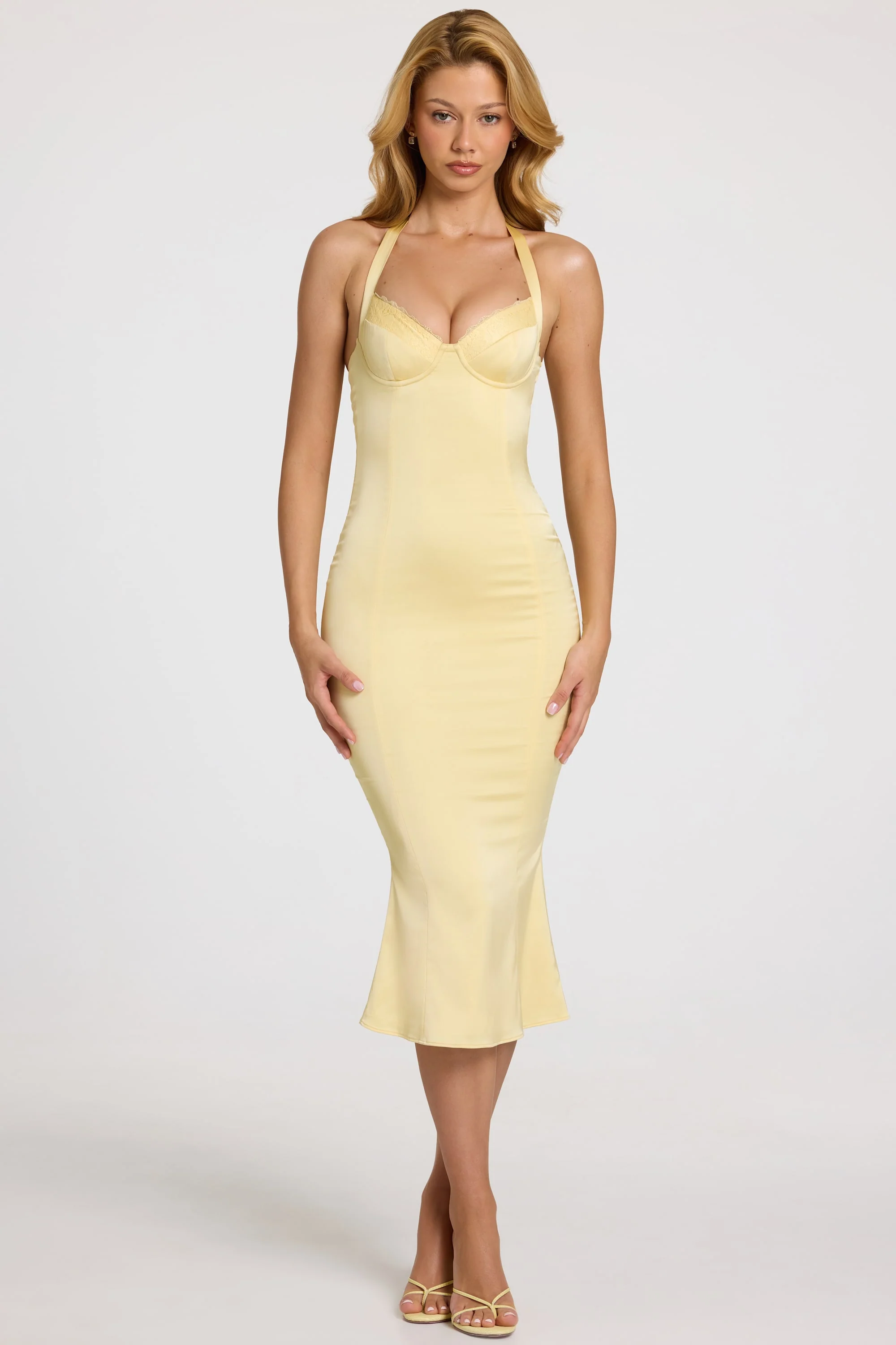 Satin Sweetheart Bustier Fishtail Midaxi Dress in Butter Yellow - Image 5