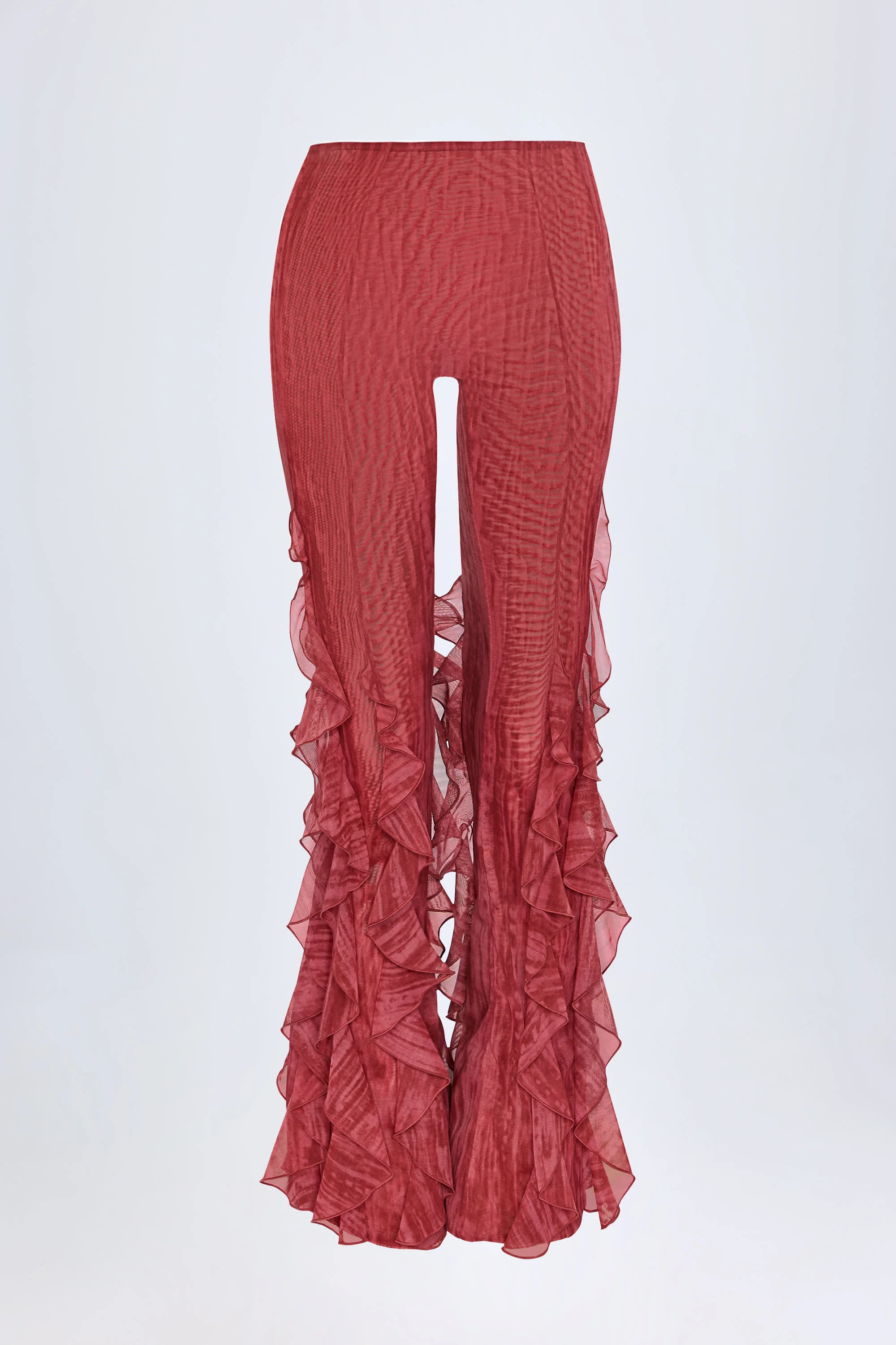 Ruffled Mid-Rise Flared Trousers in Red Print