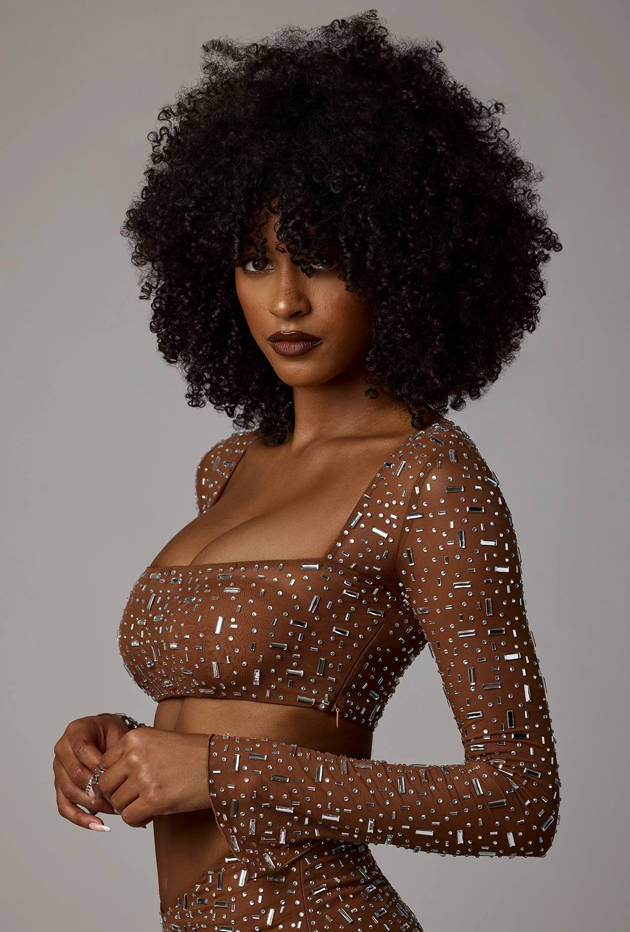 Sheer Embellished Long Sleeve Crop Top in Mocha - Image 3