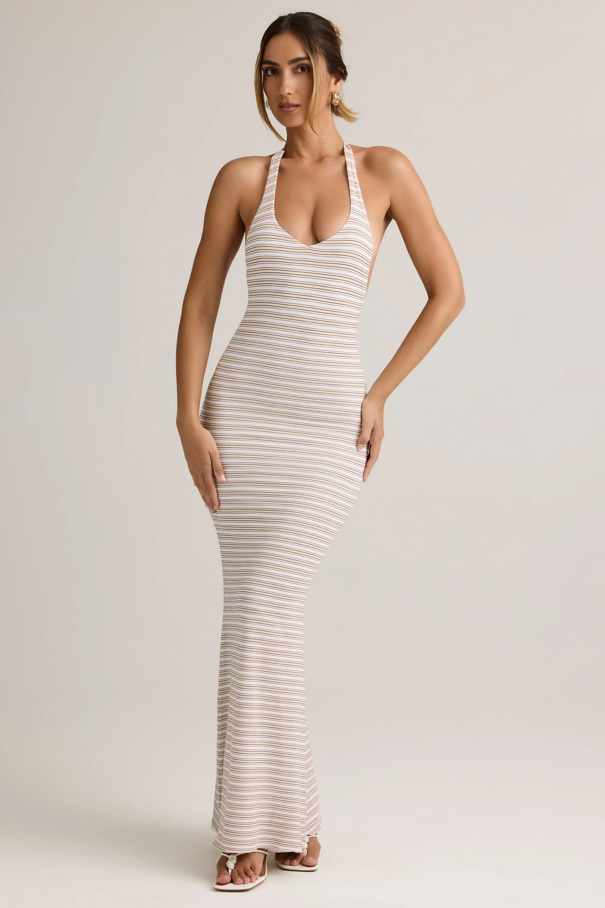 Modal Halterneck Maxi Dress in Pink Yellow Stripe - Image 2