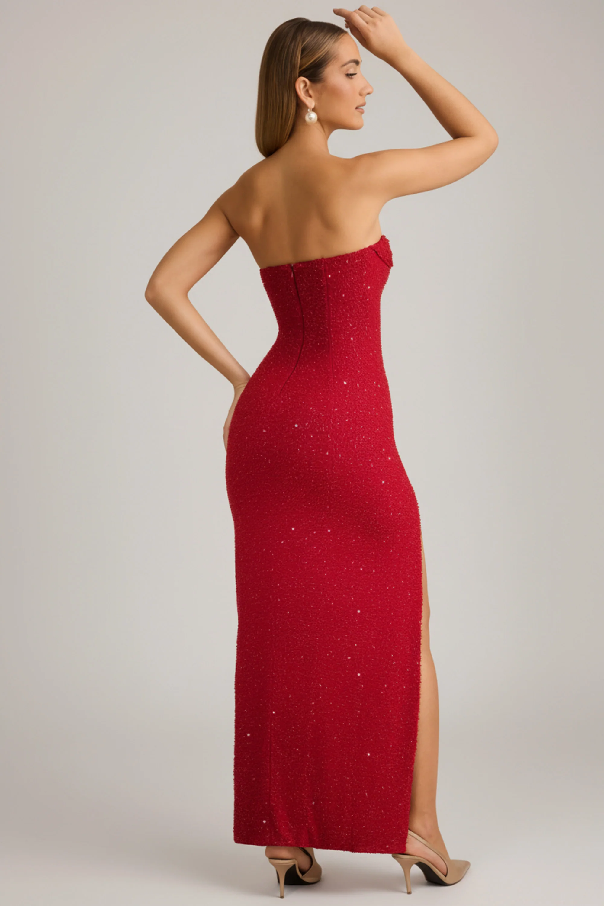 Embellished Strapless Cowl-Neck Maxi Dress in Rouge - Image 2