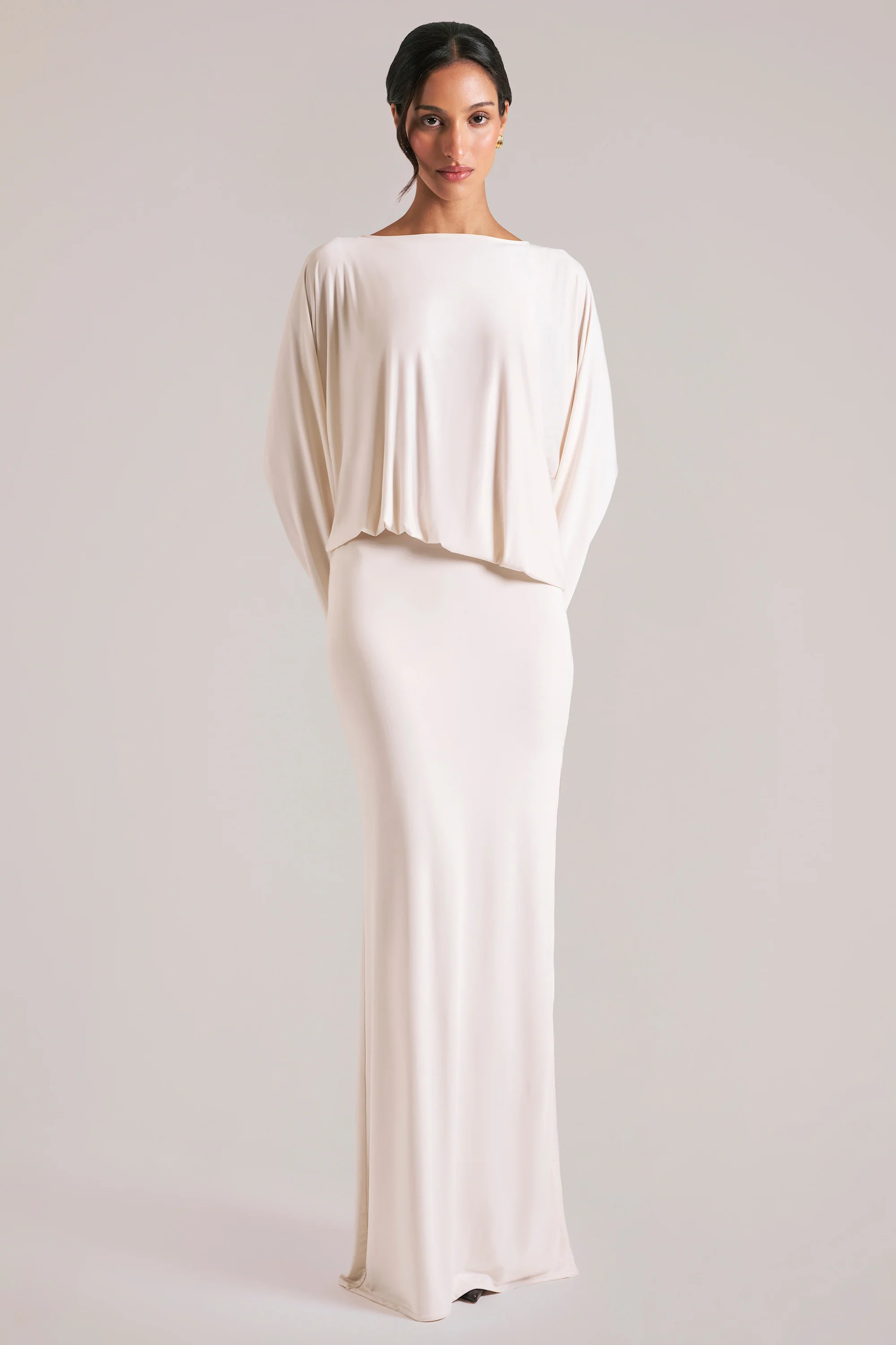 Long-Sleeve Draped Maxi Dress in Vanilla - Image 2