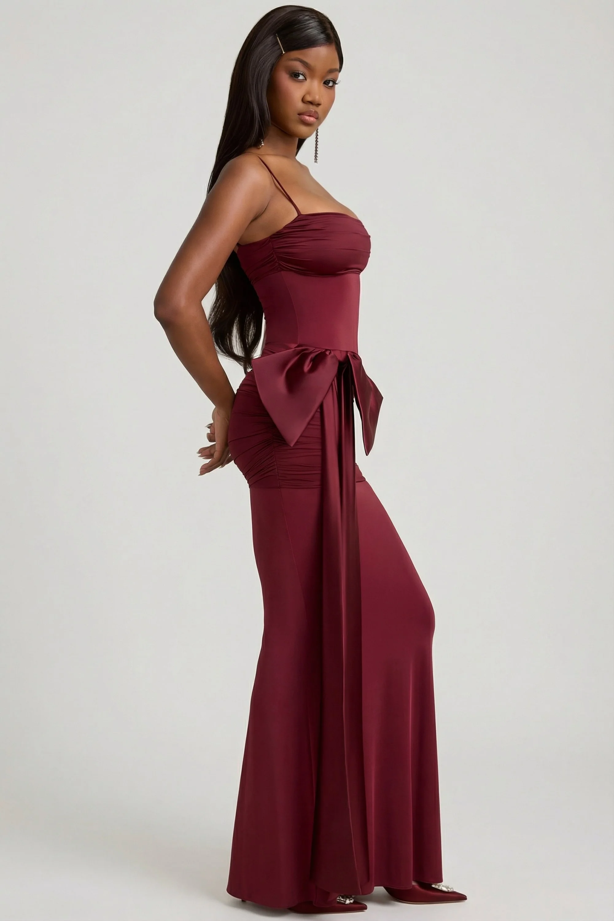 Bow-Detail Ruched Maxi Dress in Wine Red - Image 5