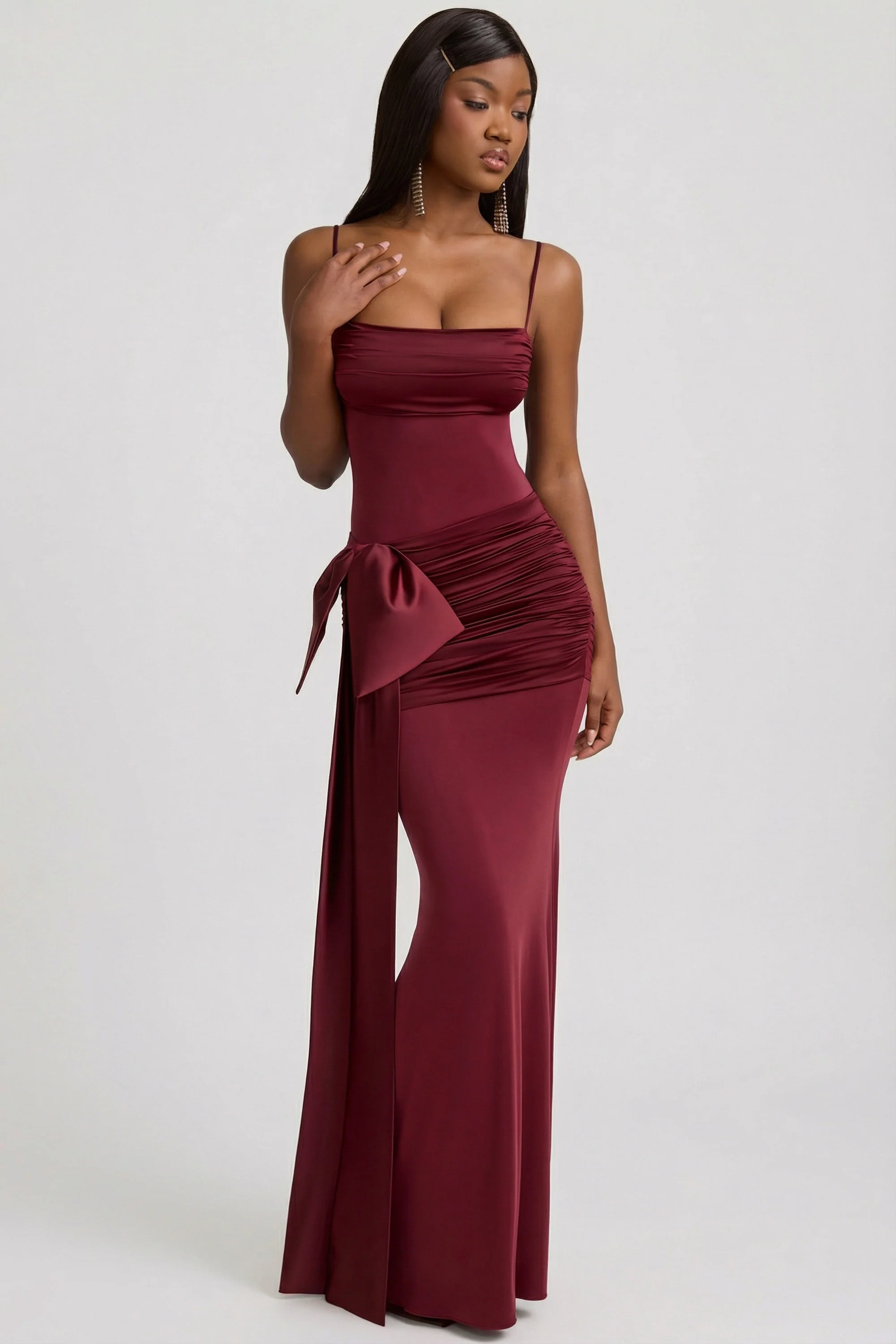 Bow-Detail Ruched Maxi Dress in Wine Red - Image 6