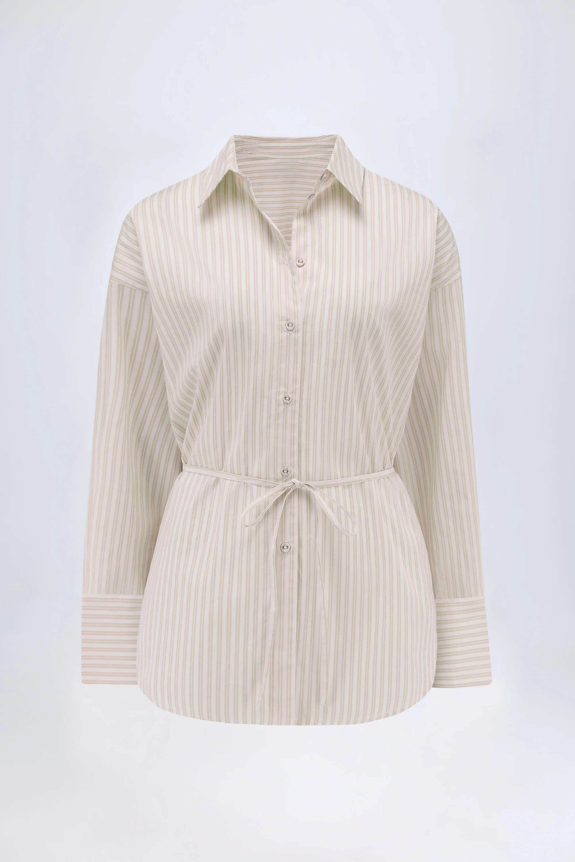 Oversized Cotton-Poplin Shirt in Taupe Stripe - Image 2