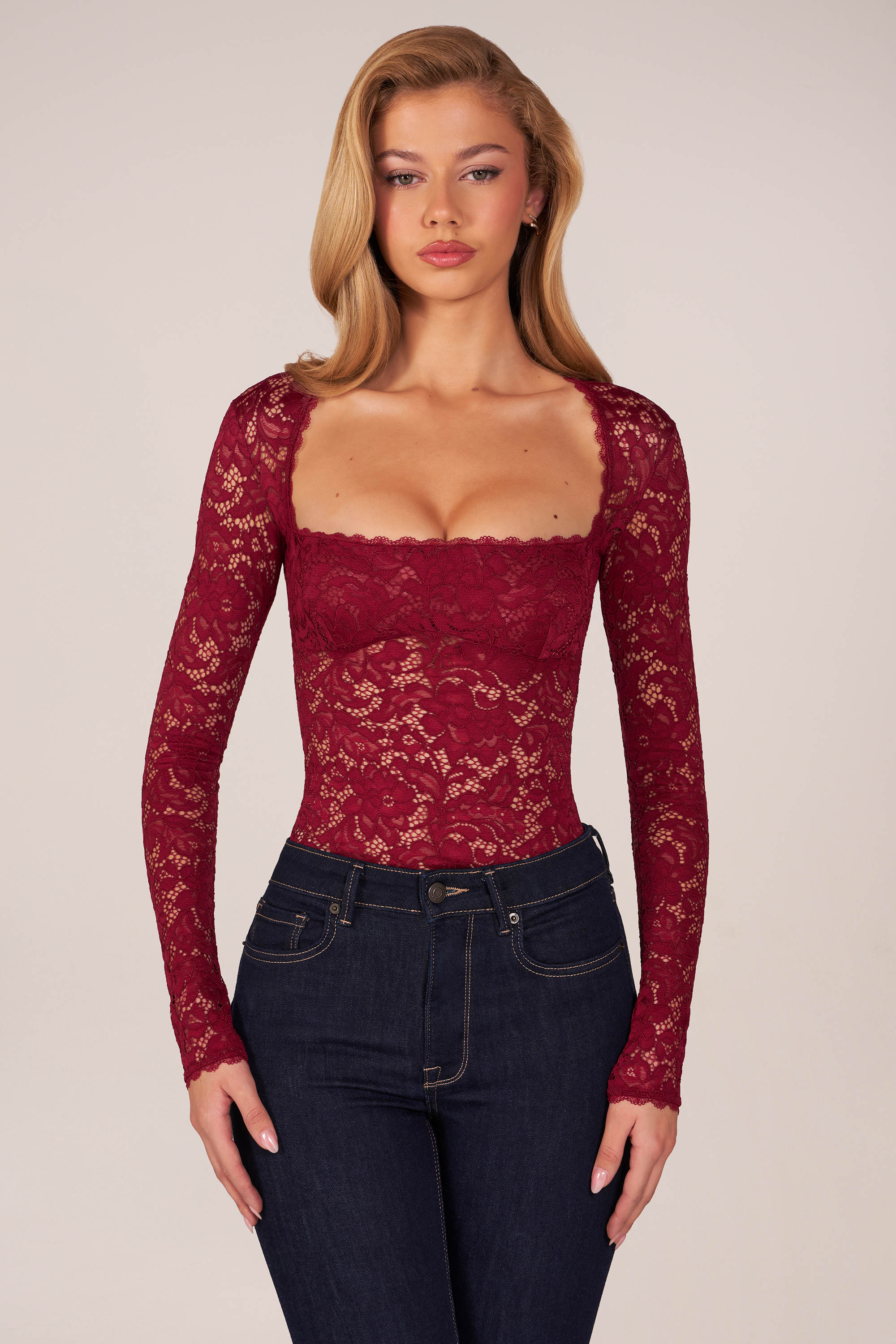 Long-Sleeve Laced Bodysuit in Wine - Image 7