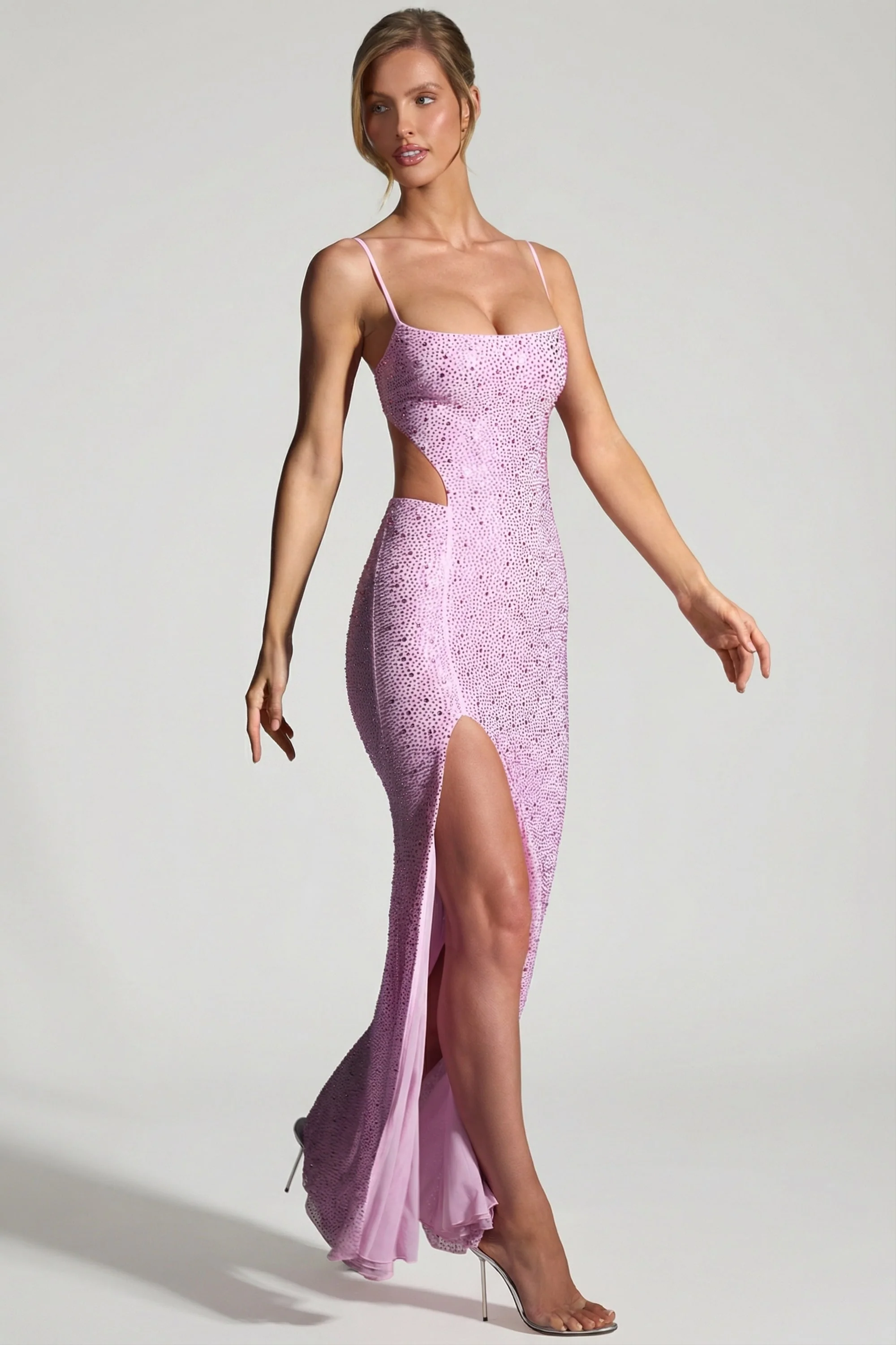 Embellished Cut-Out Fishtail Maxi Dress in Peony Pink - Image 3