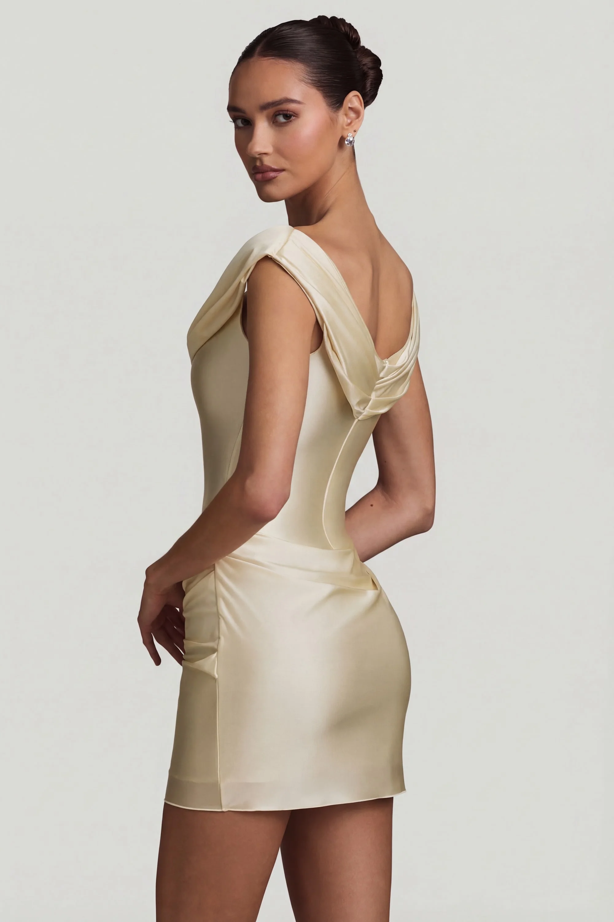 Satin Off-Shoulder Draped Mini Dress in Pearl - Image 2