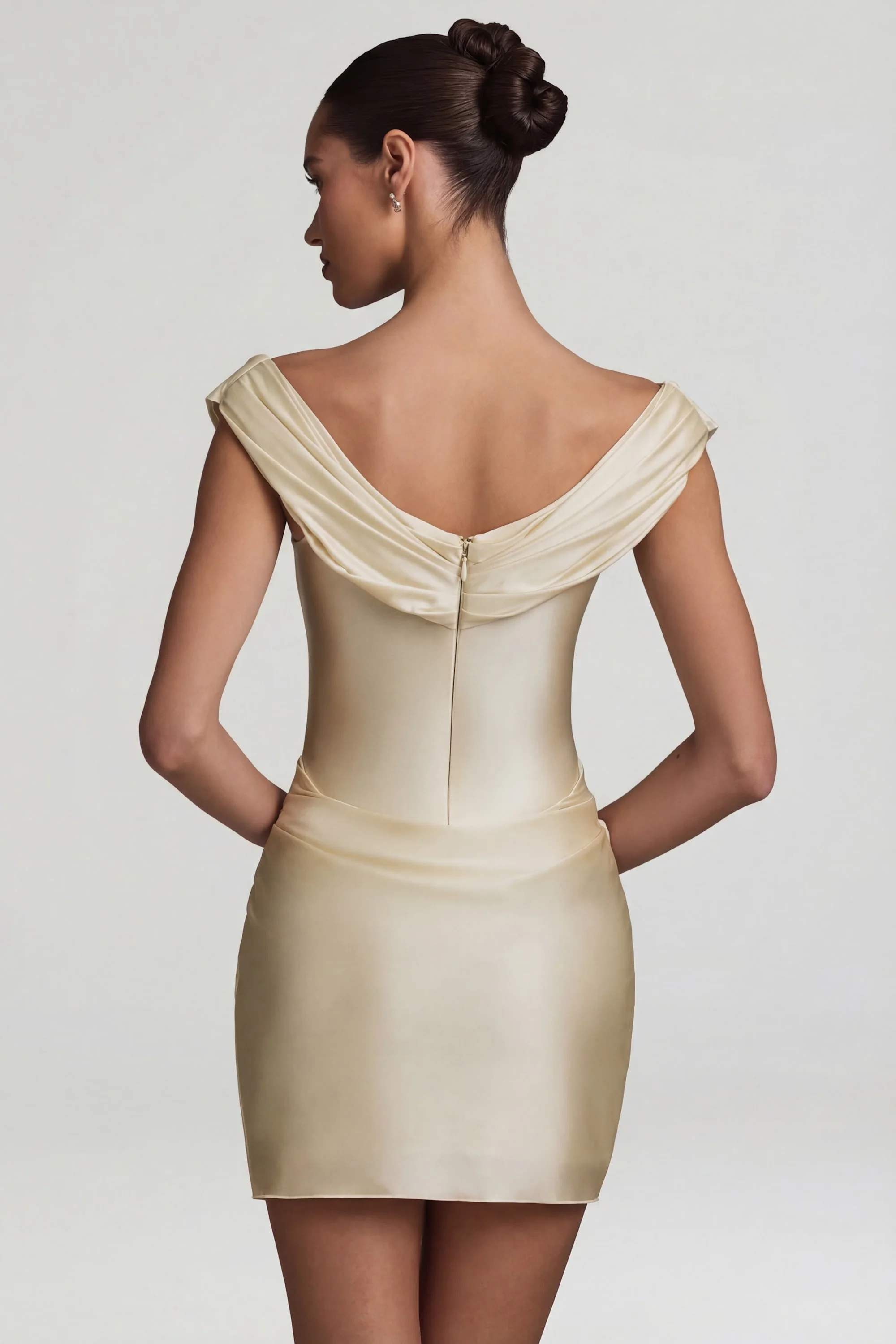 Satin Off-Shoulder Draped Mini Dress in Pearl - Image 6