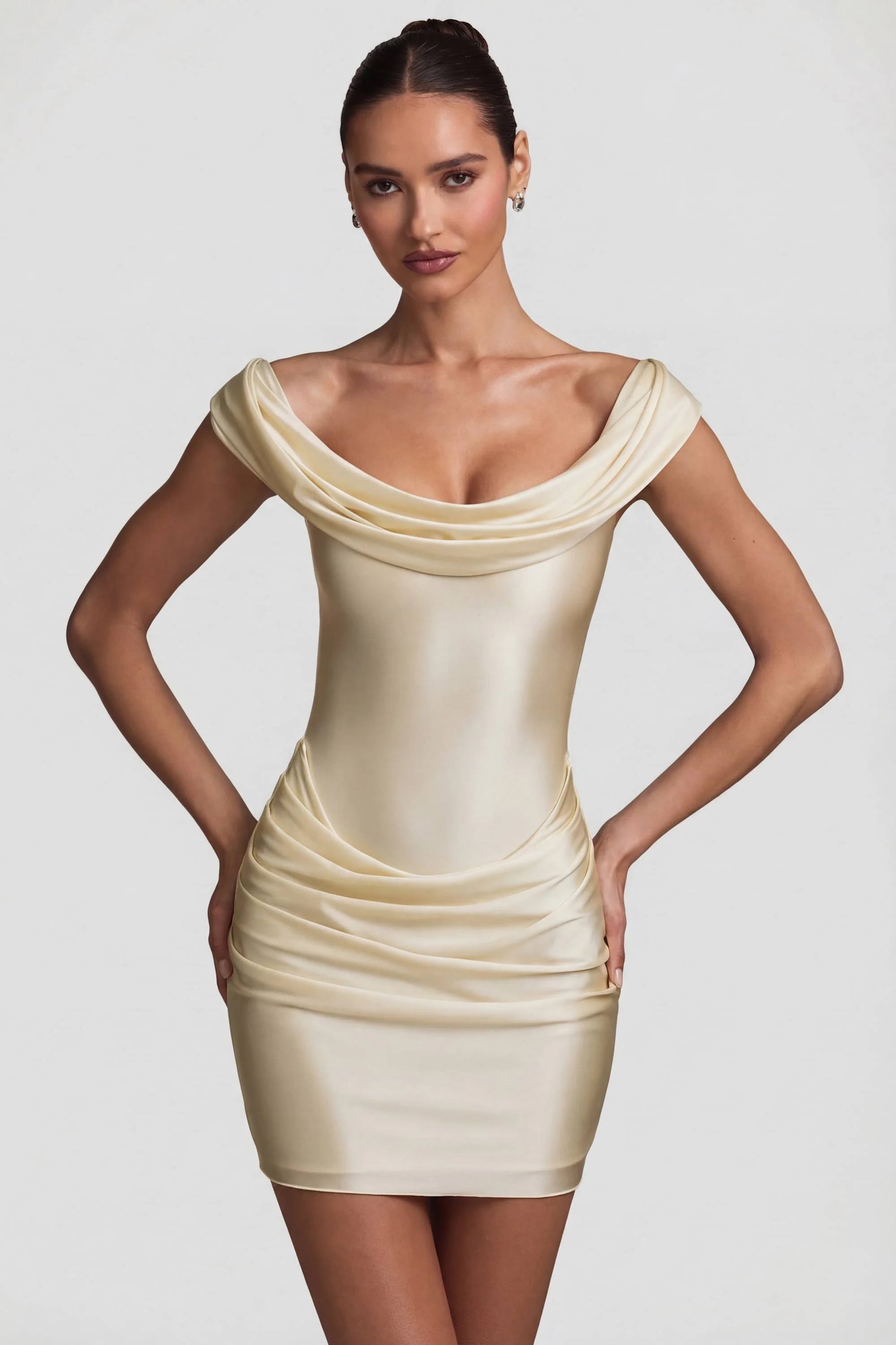 Satin Off-Shoulder Draped Mini Dress in Pearl - Image 7