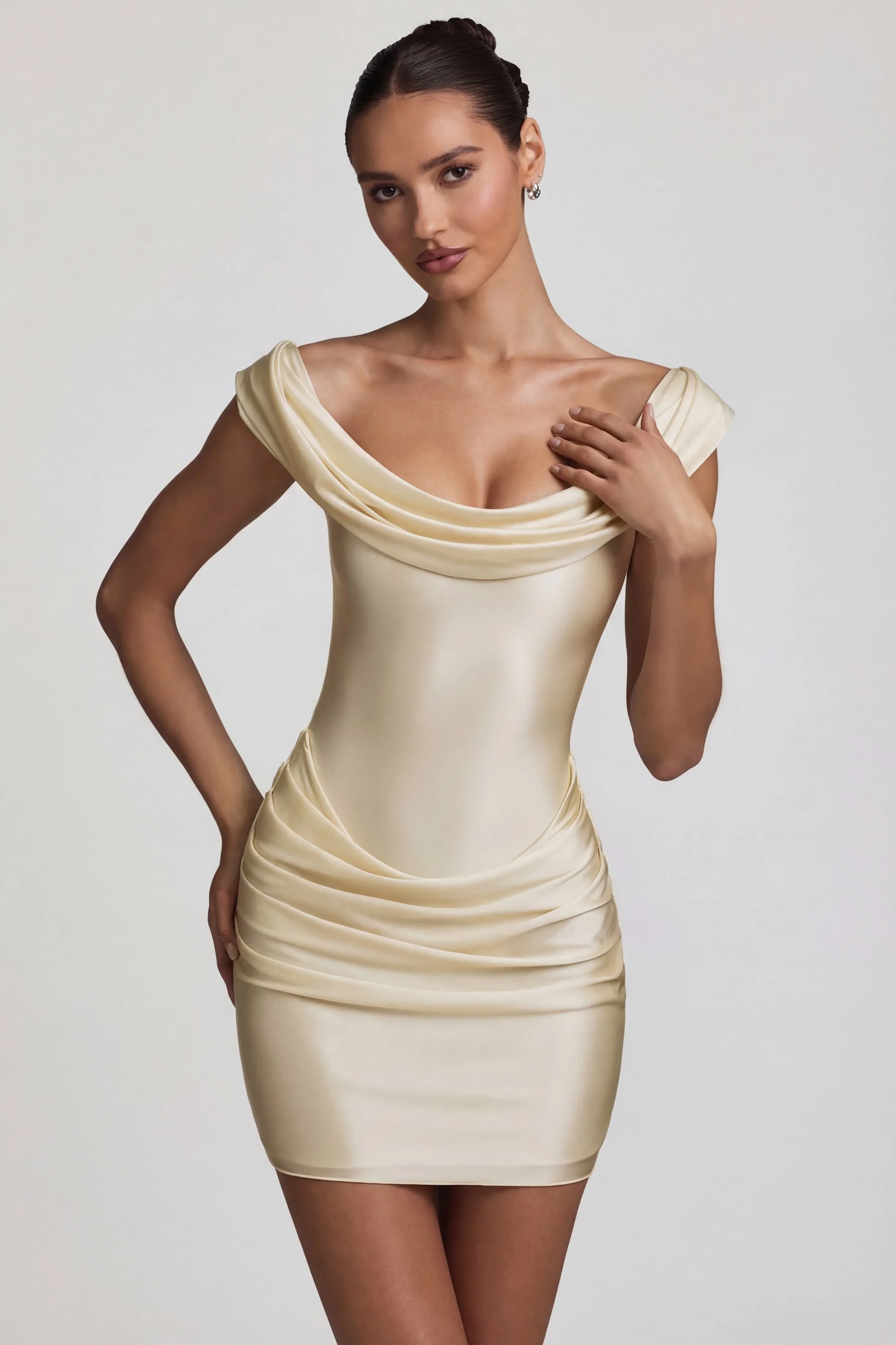 Satin Off-Shoulder Draped Mini Dress in Pearl - Image 8