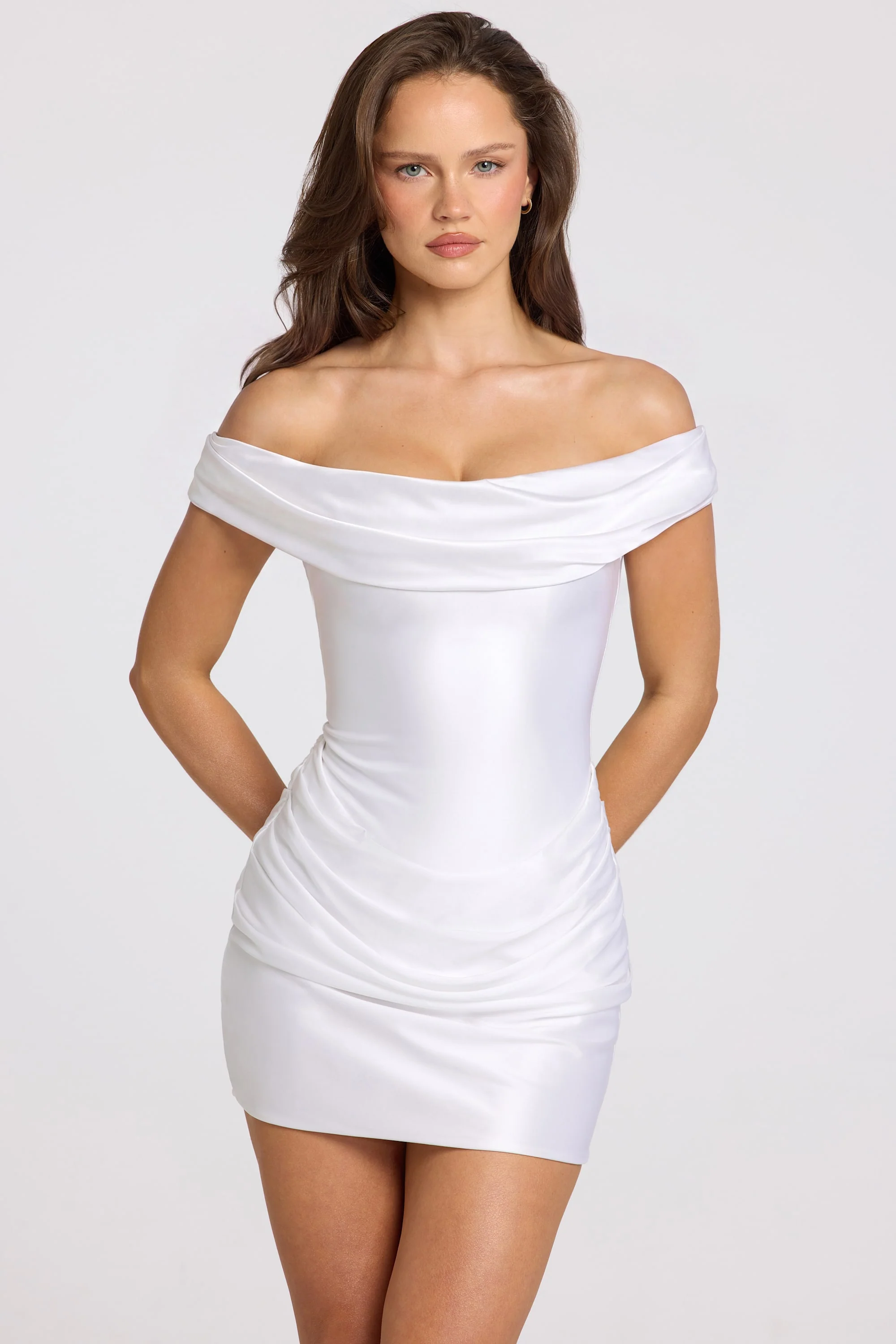 Satin Off-Shoulder Draped Mini Dress in White - Image 6