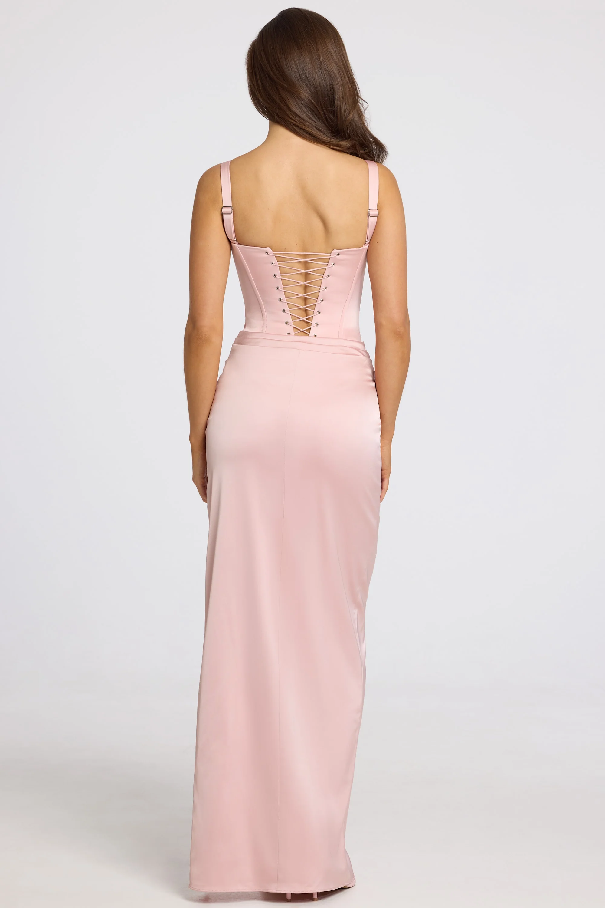 Corseted Thigh-High Split Maxi Dress in Blush Pink - Image 3