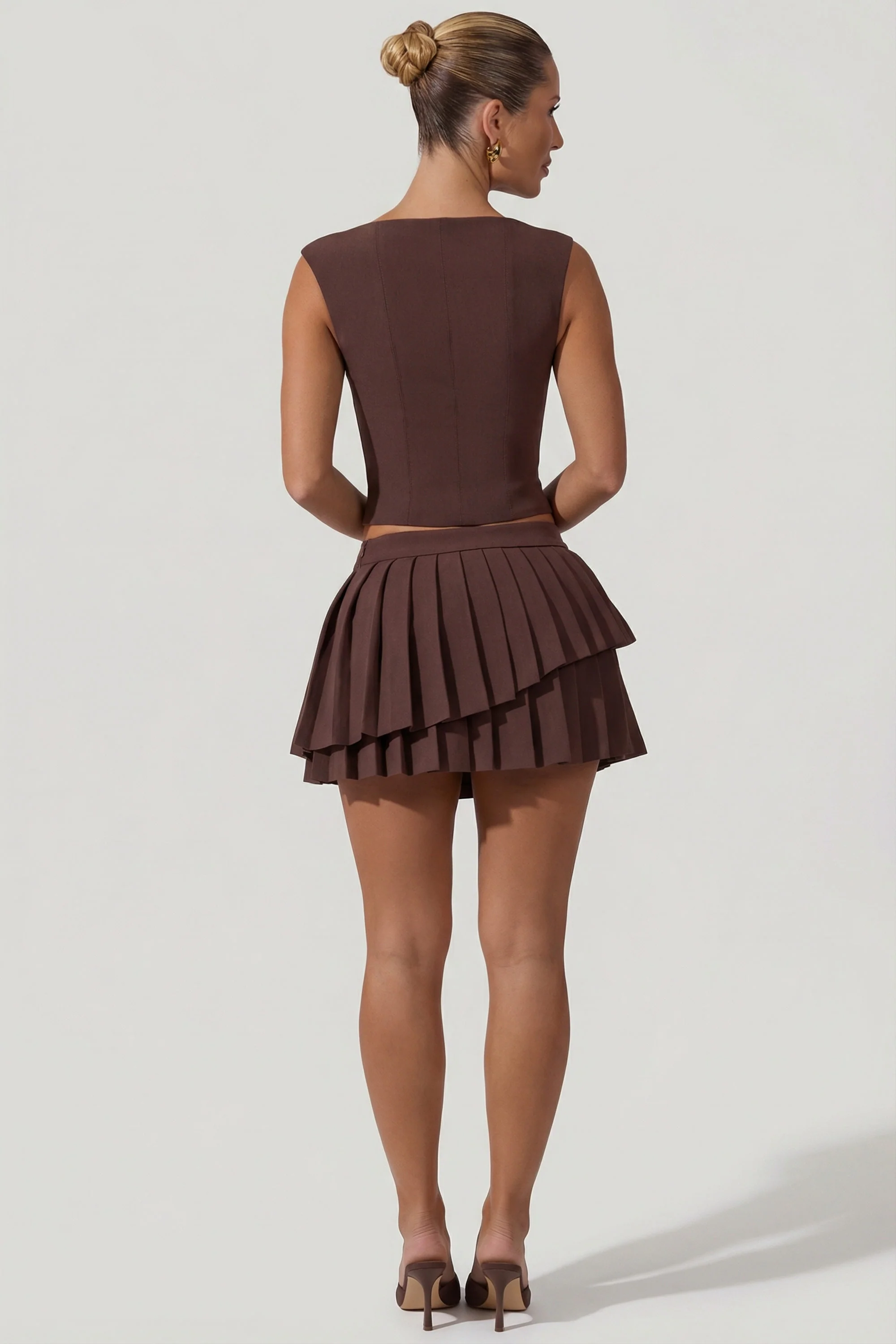 Layered Pleated Low-Rise Mini Skirt in Chocolate Brown - Image 2