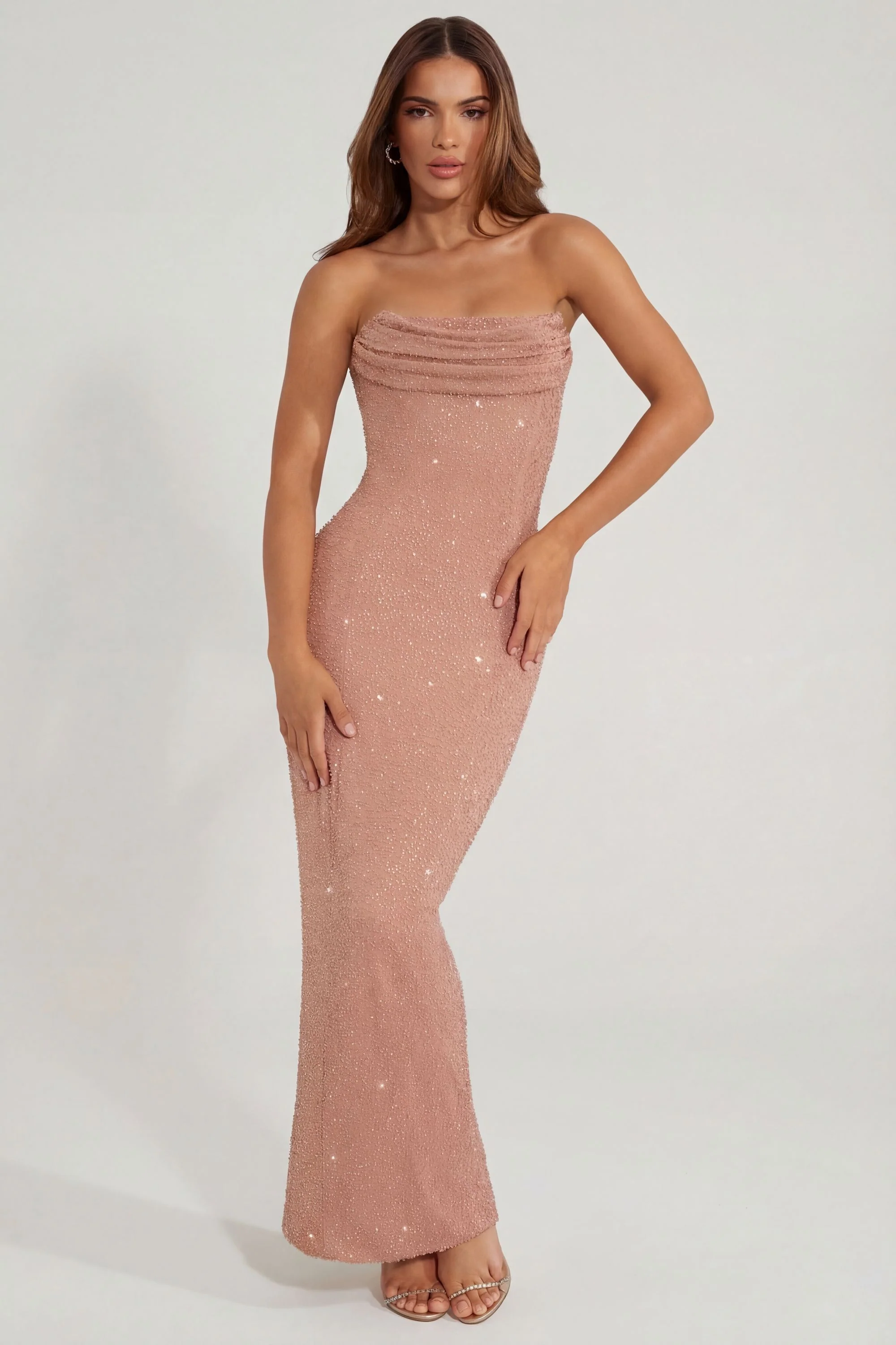 Embellished Bandeau Cowl Neck Maxi Dress in Caramel - Image 8