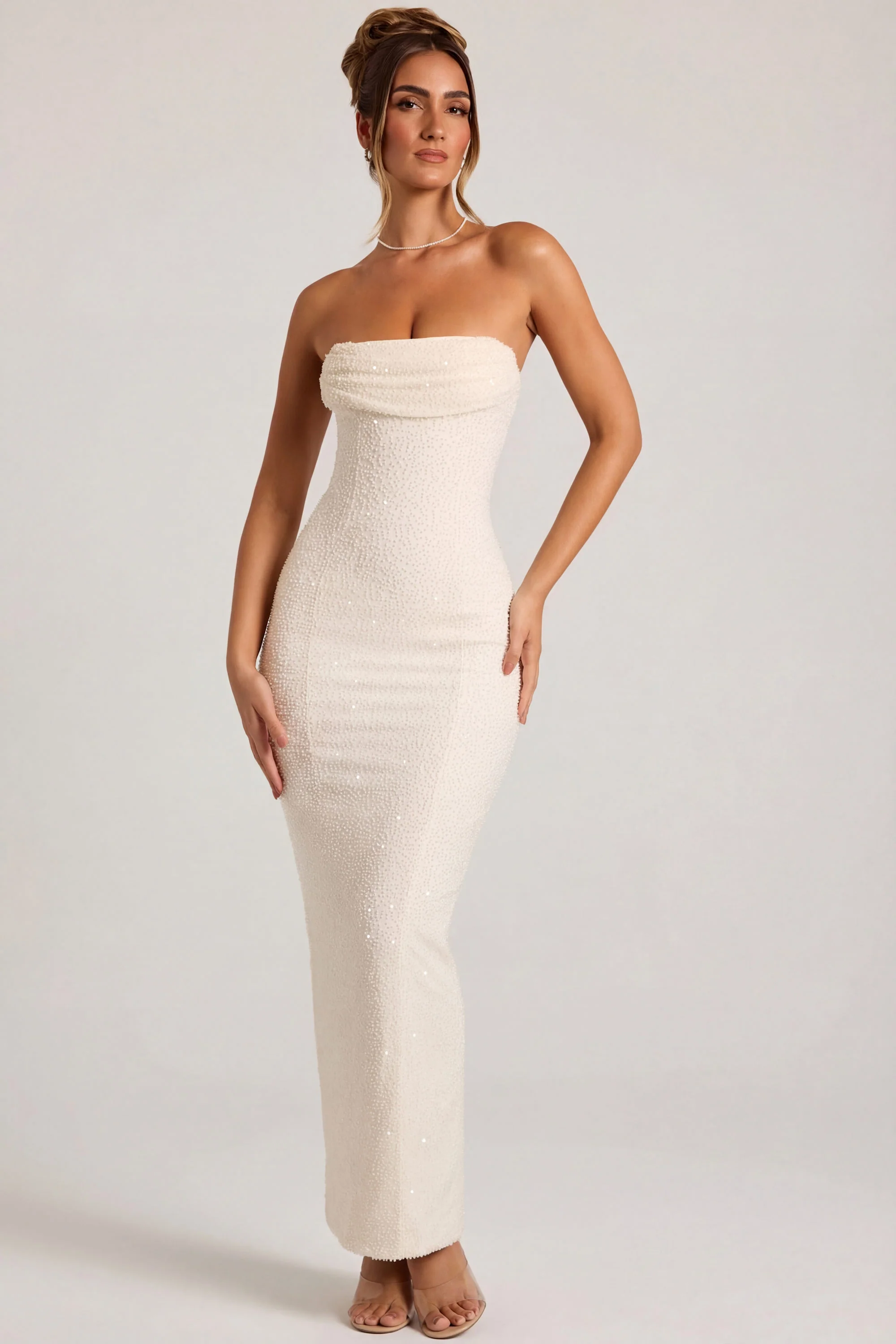 Embellished Bandeau Cowl Neck Maxi Dress in Snow - Image 4