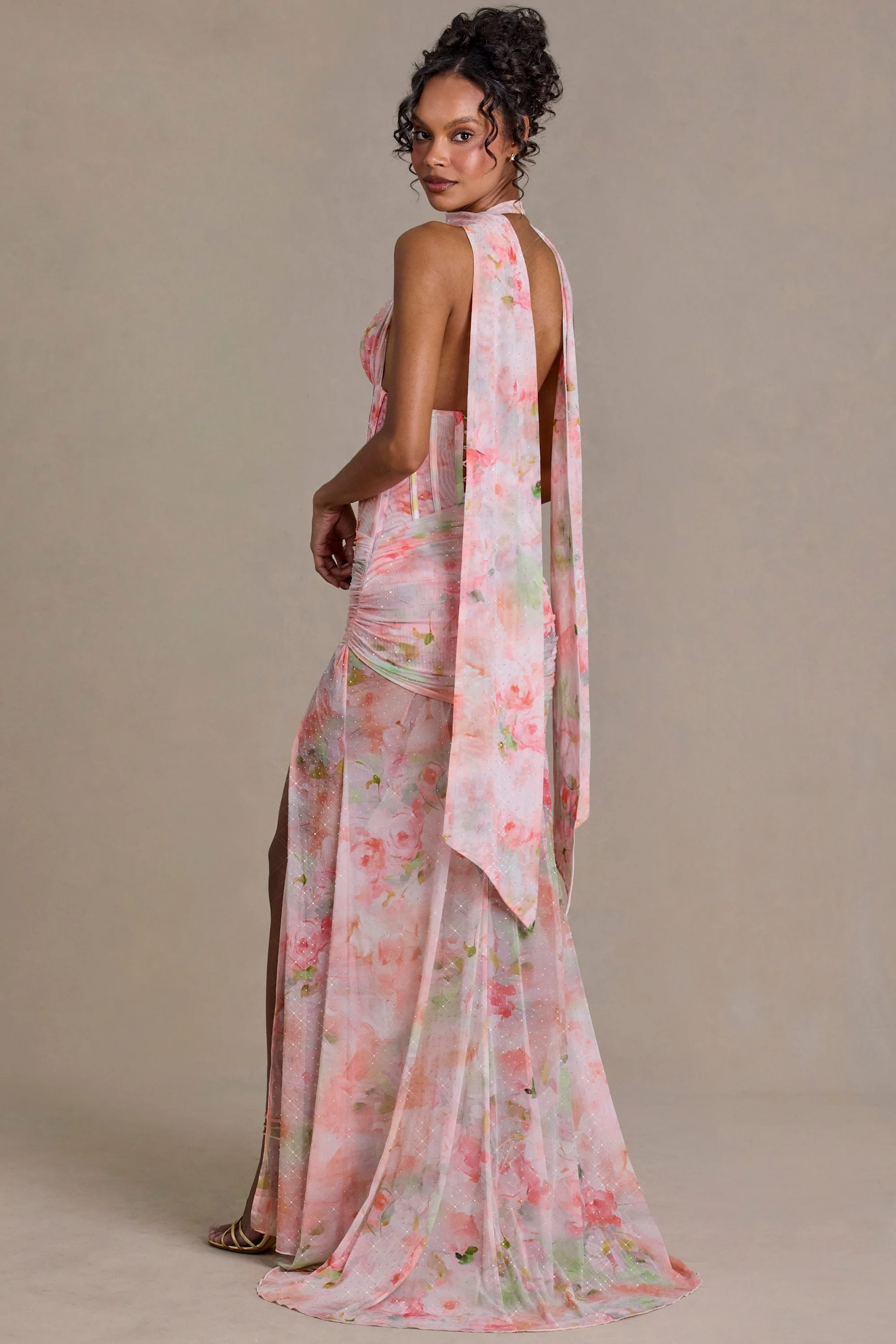 Embellished Scarf-Detail Maxi Dress in Pink Floral Print - Image 2