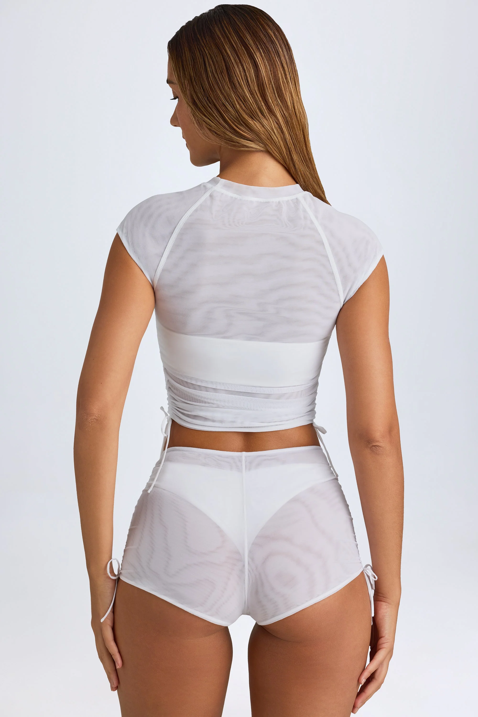 Sheer Ruched Cropped T-Shirt in White - Image 2