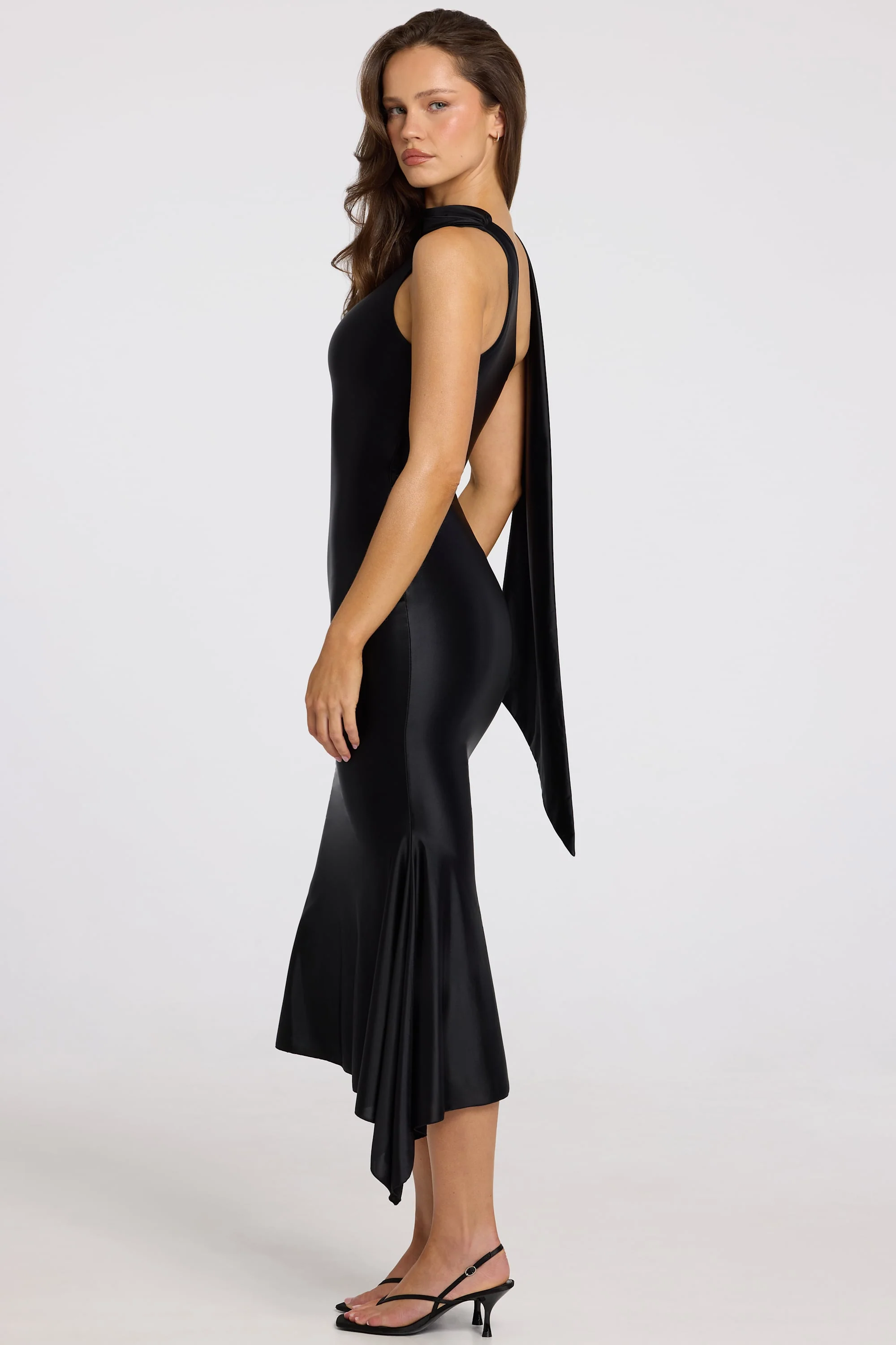 Asymmetric Scarf-Detail Midaxi Dress in Black - Image 3
