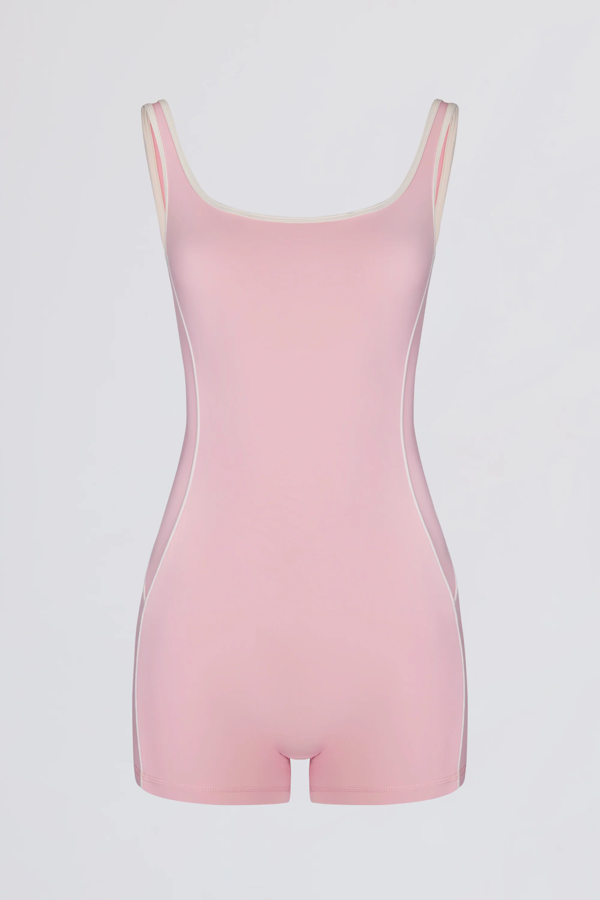 Soft Active Backless Contrast Unitard in Powder Pink - Image 4