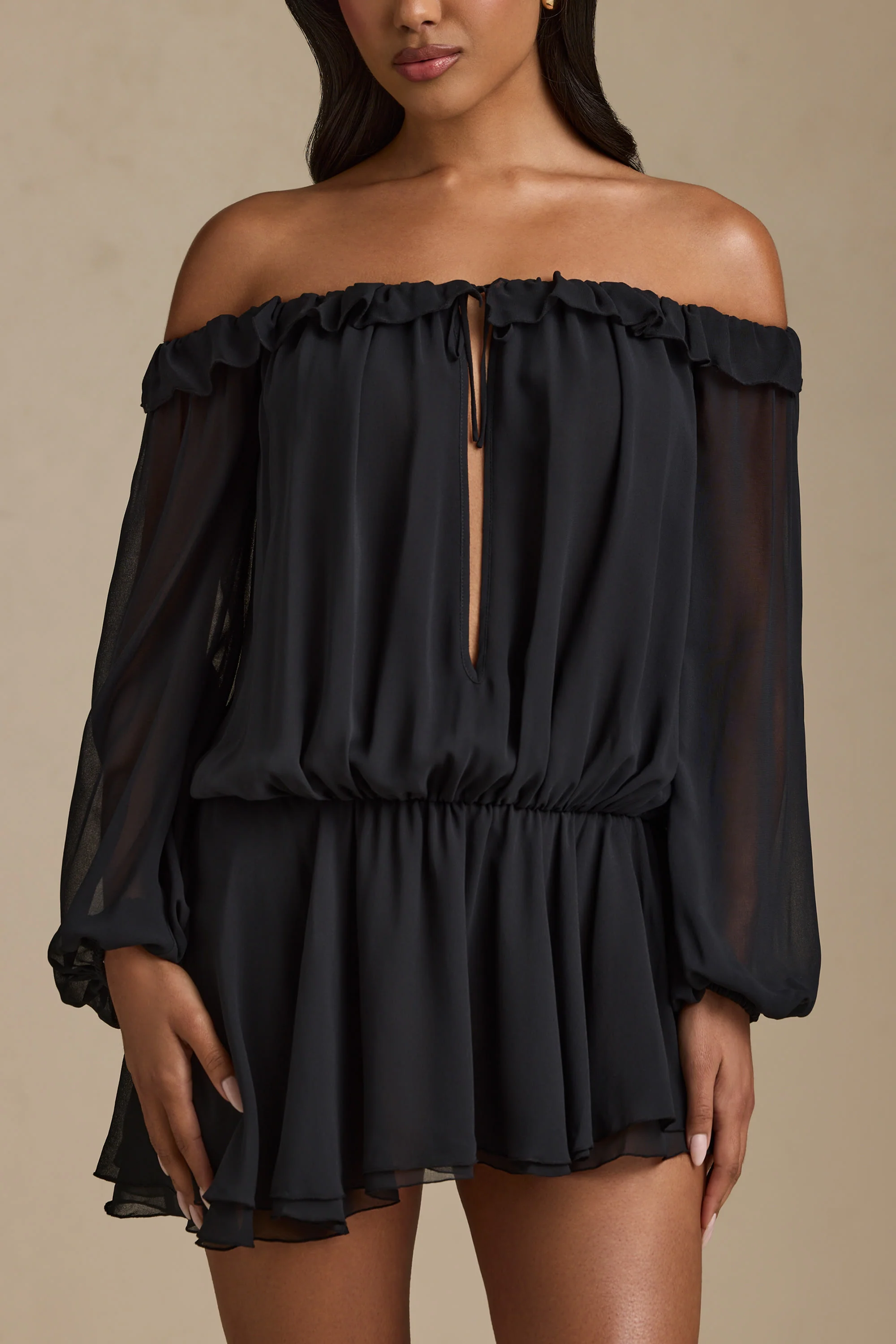 Off-Shoulder Asymmetric Balloon-Sleeve Mini Dress in Black - Image 2