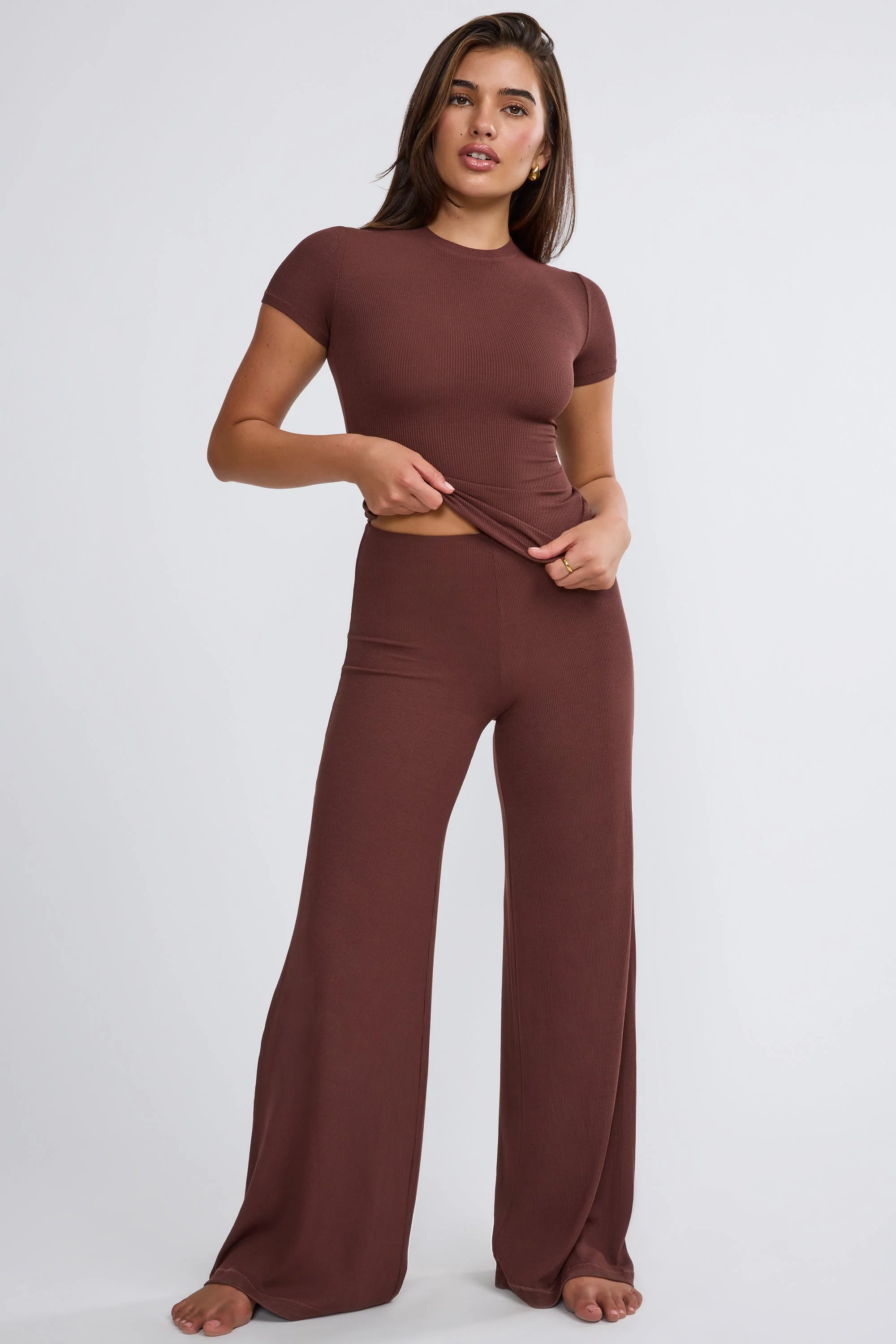 Tall Mid Rise Wide Leg Trouser in Chocolate - Image 5