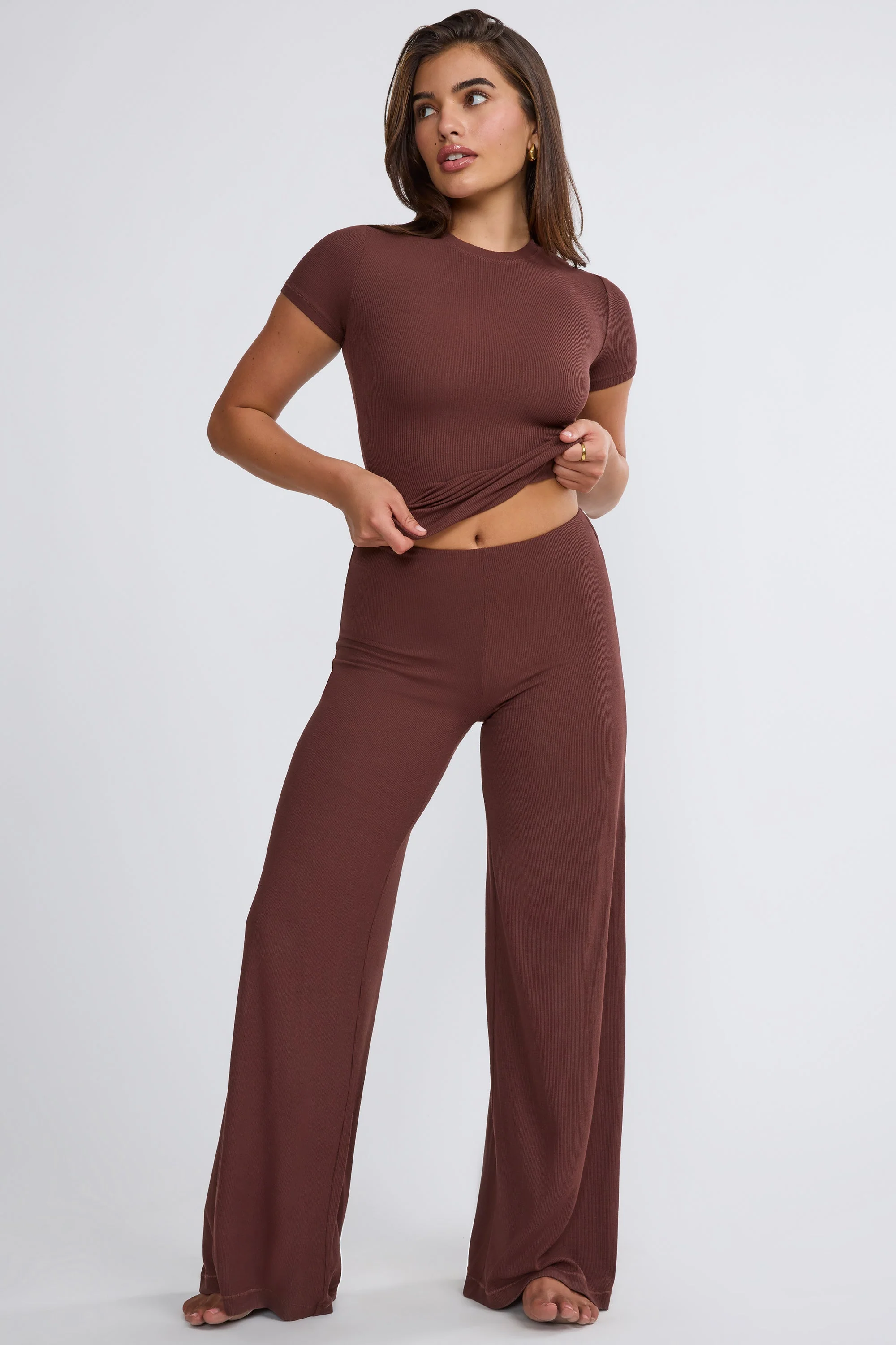 Tall Mid Rise Wide Leg Trouser in Chocolate - Image 6
