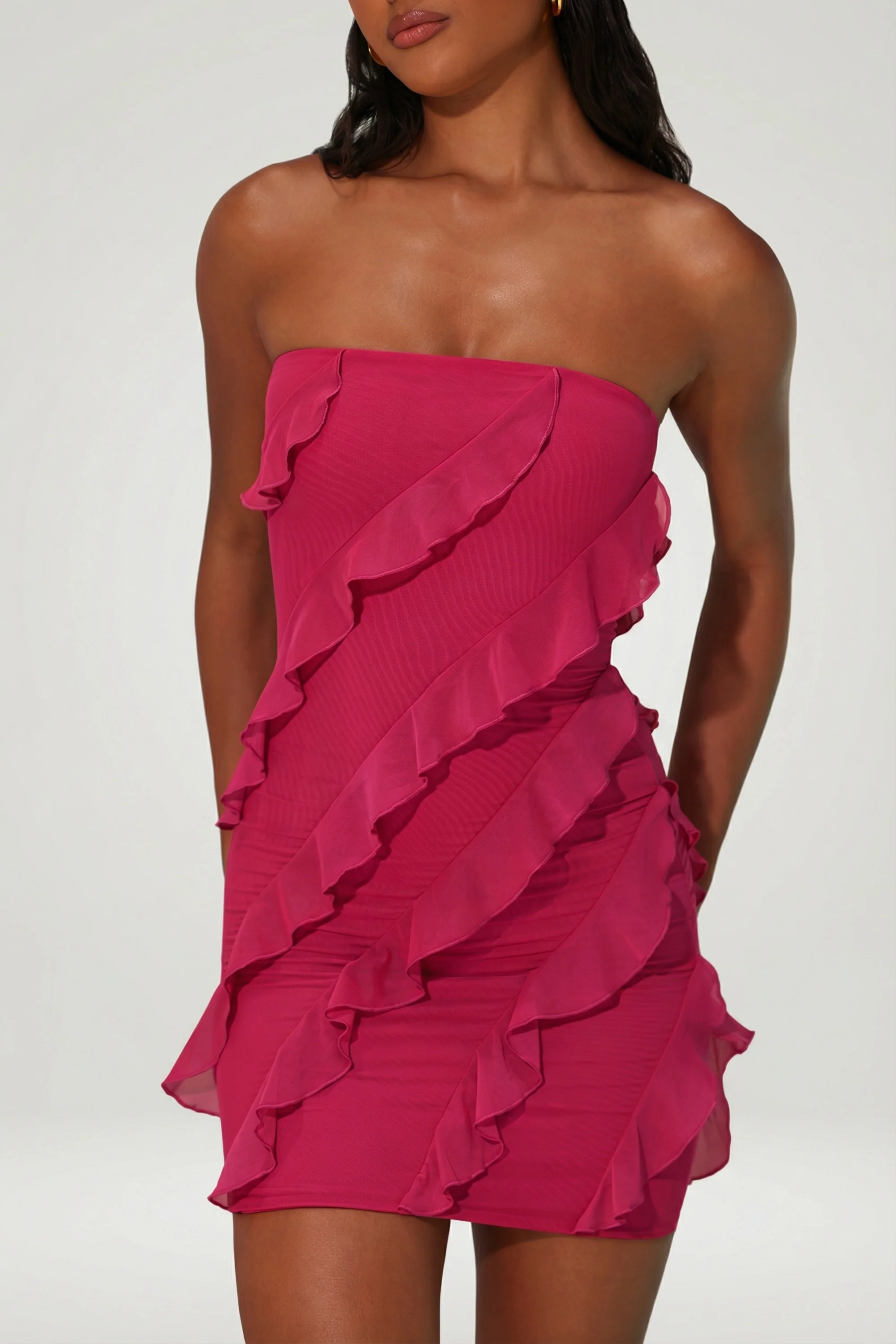 Bandeau Ruffle Detail Mini Dress in Raspberry - Image 4
