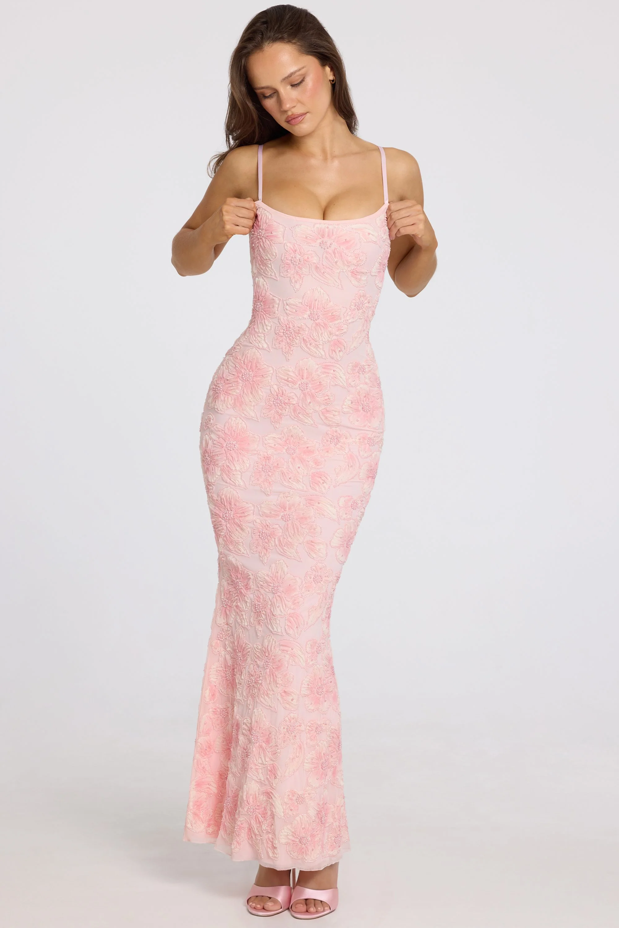 Embellished Square-Neck Maxi Dress in Soft Pink Ombre - Image 7