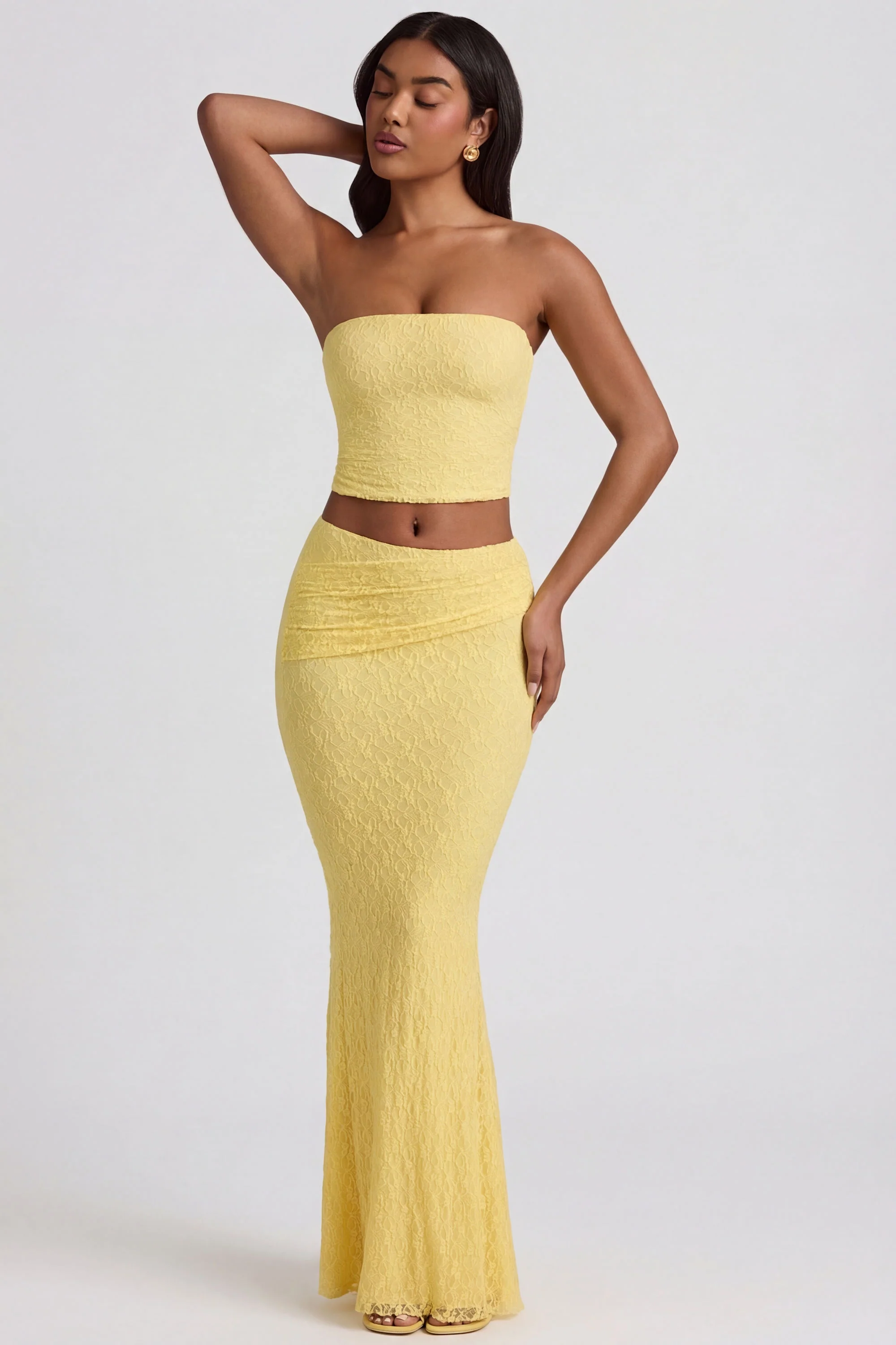 Draped Low-Rise Lace Maxi Skirt in Pastel Yellow - Image 6