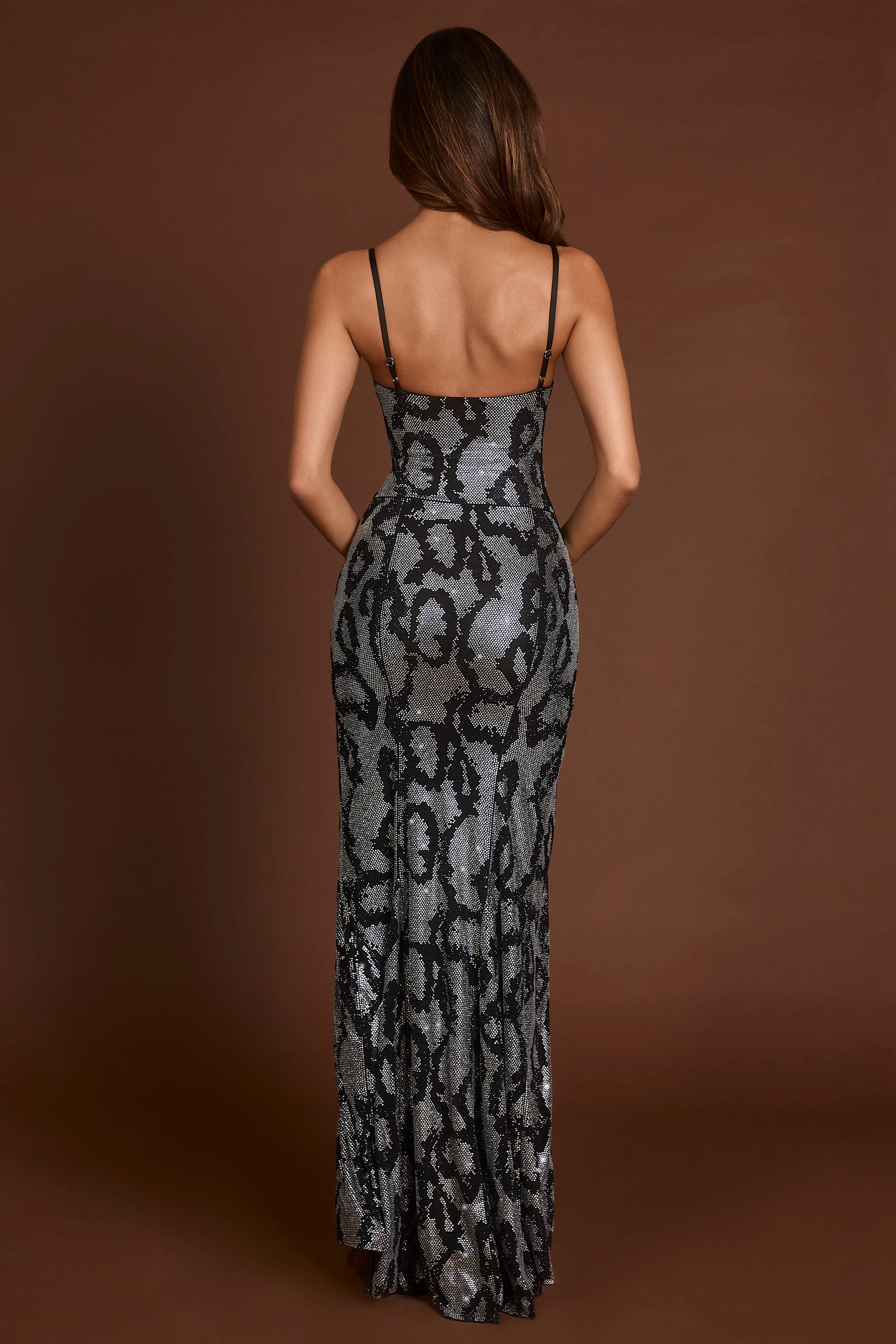 Embellished Peekaboo Cowl-Neck Dress in Silver Snake - Image 2