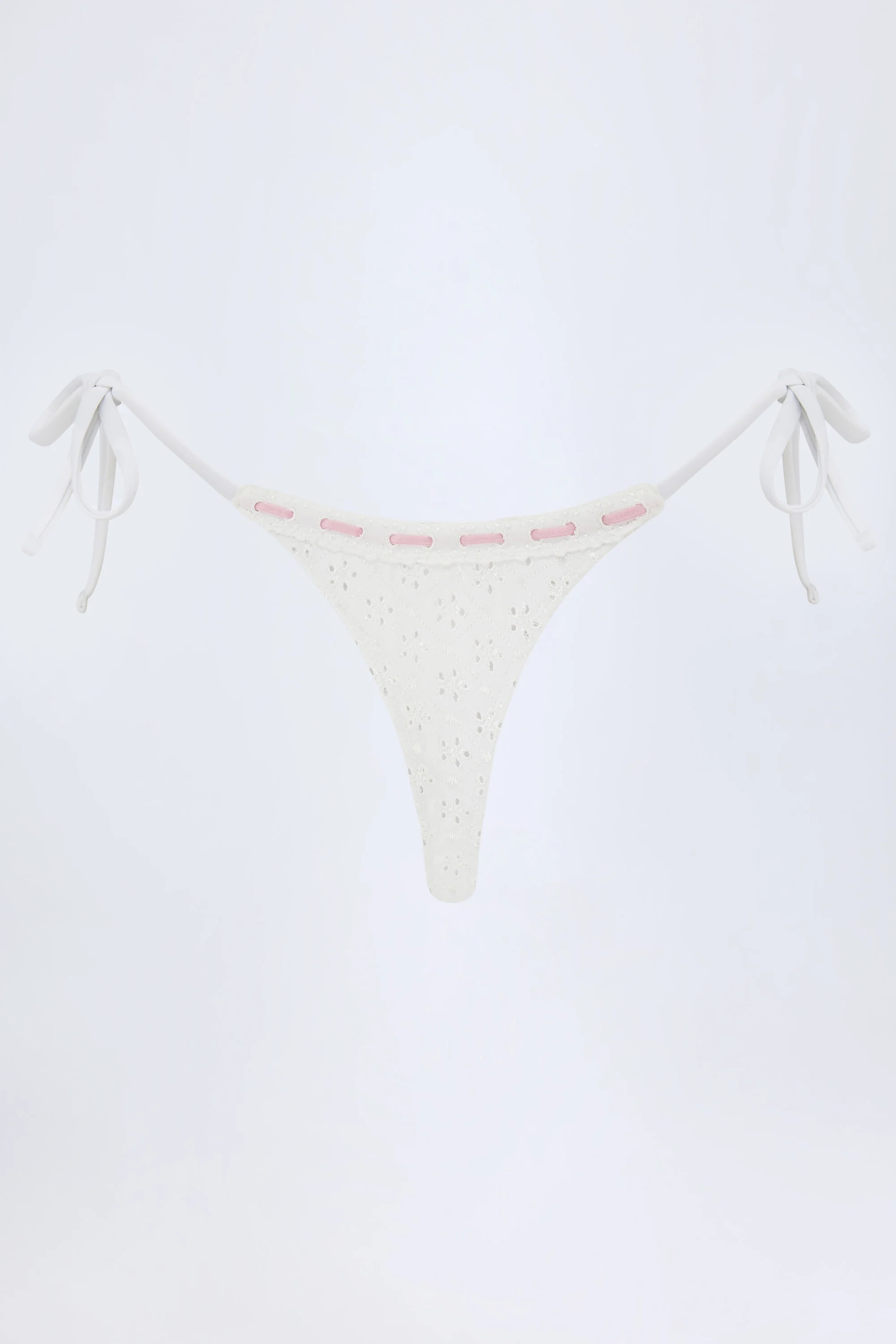 Broderie Anglaise Side-Tie Thong Bikini Bottoms in White - Image 4