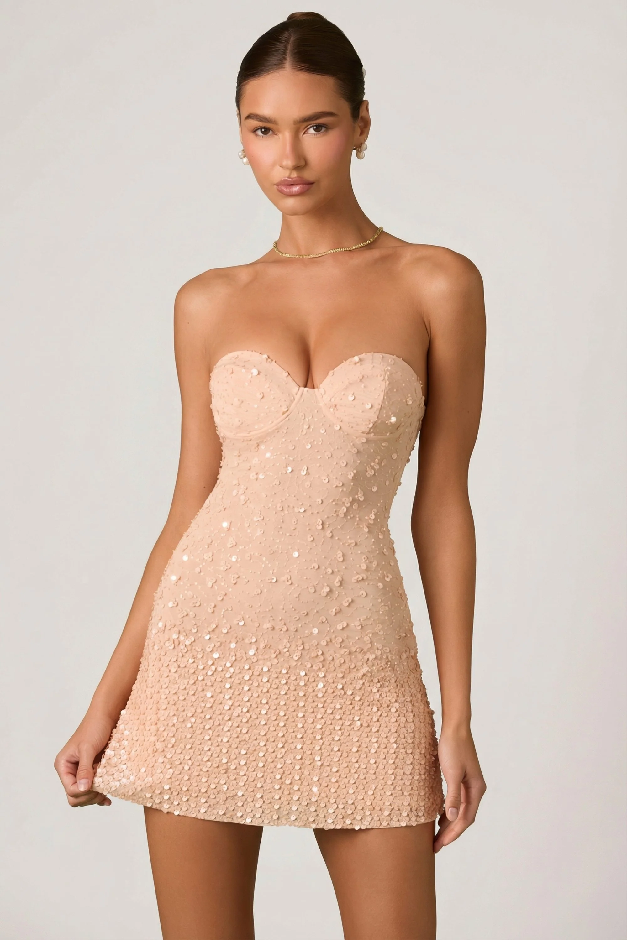 Embellished Sweetheart-Neck A-Line Mini Dress in Apricot - Image 6