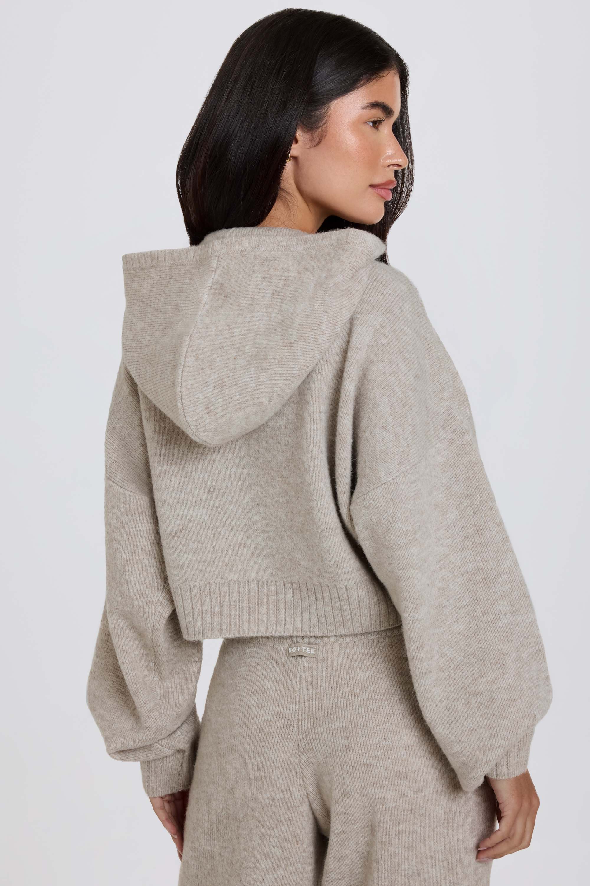 Soft Knit Zip-Up Cropped Hoodie in Beige - Image 2