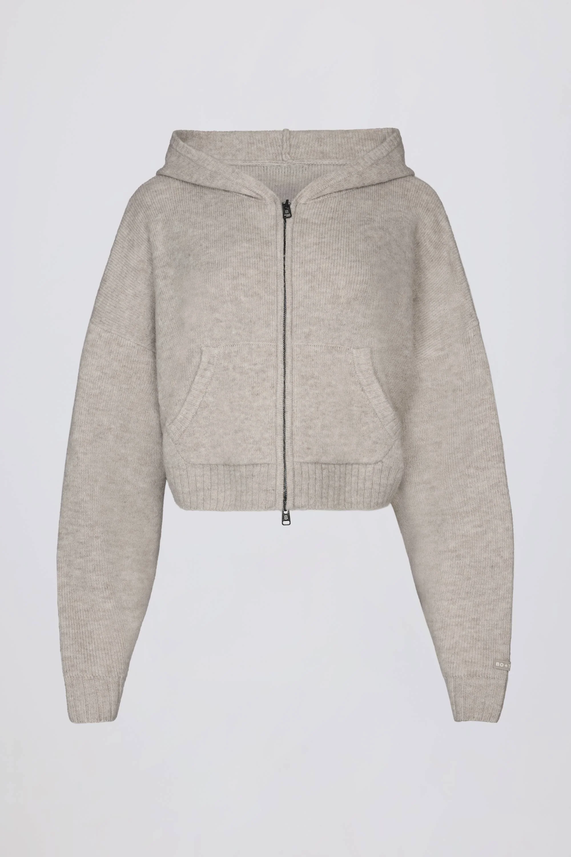 Soft Knit Zip-Up Cropped Hoodie in Beige - Image 3